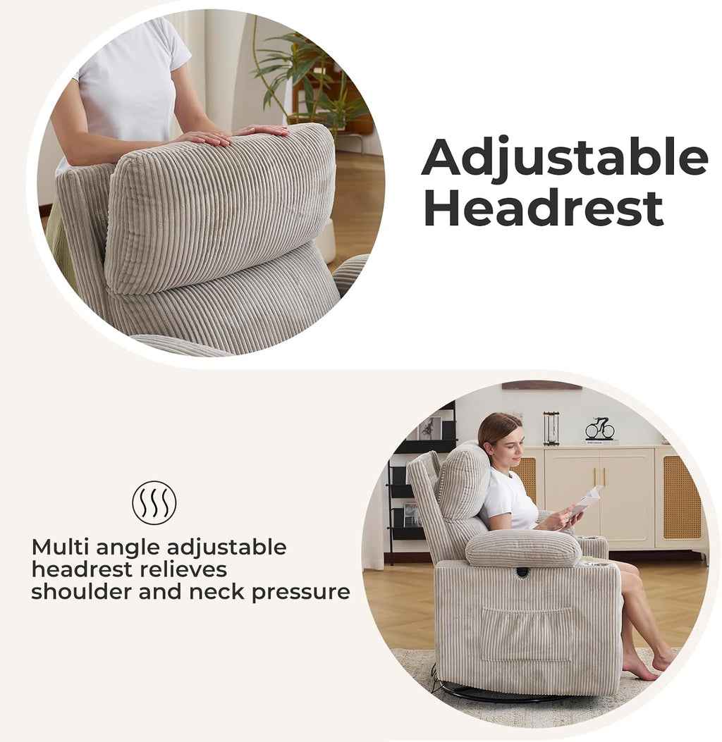 Oversized Power Recliner Chair Swivel Glider with Massage and Heat, Swivel Rocker Recliner with Adjustable Armrests, 26' Wide Nursery Chair with Storage Ottoman, Rocker Nursery Recliner,Corduroy Grey