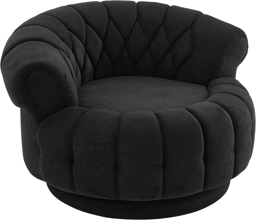 360° Swivel Accent Chair, Chenille Fabric Barrel Swivel Chair Round Club Chair with Curved Armrests & Thick Cushioning, Stylish Channel-Tufted & Diamond-Quilted Backrest for Living Room (Black,02)