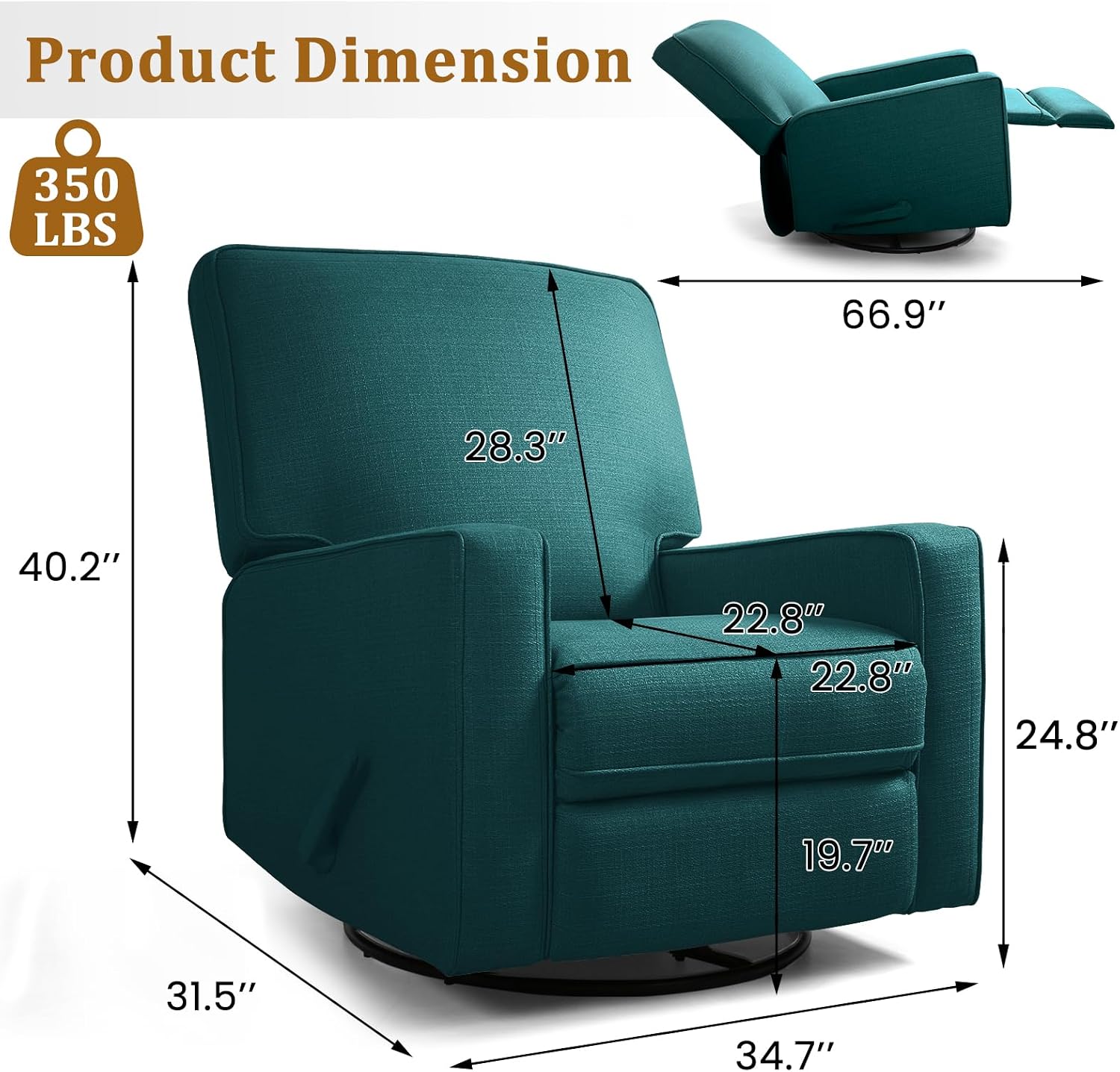 Swivel Rocker Recliner Chair for Adults, High Back Fabric Recliner with Deep Seat, Manual Glider for Living Room & Nursery, Green