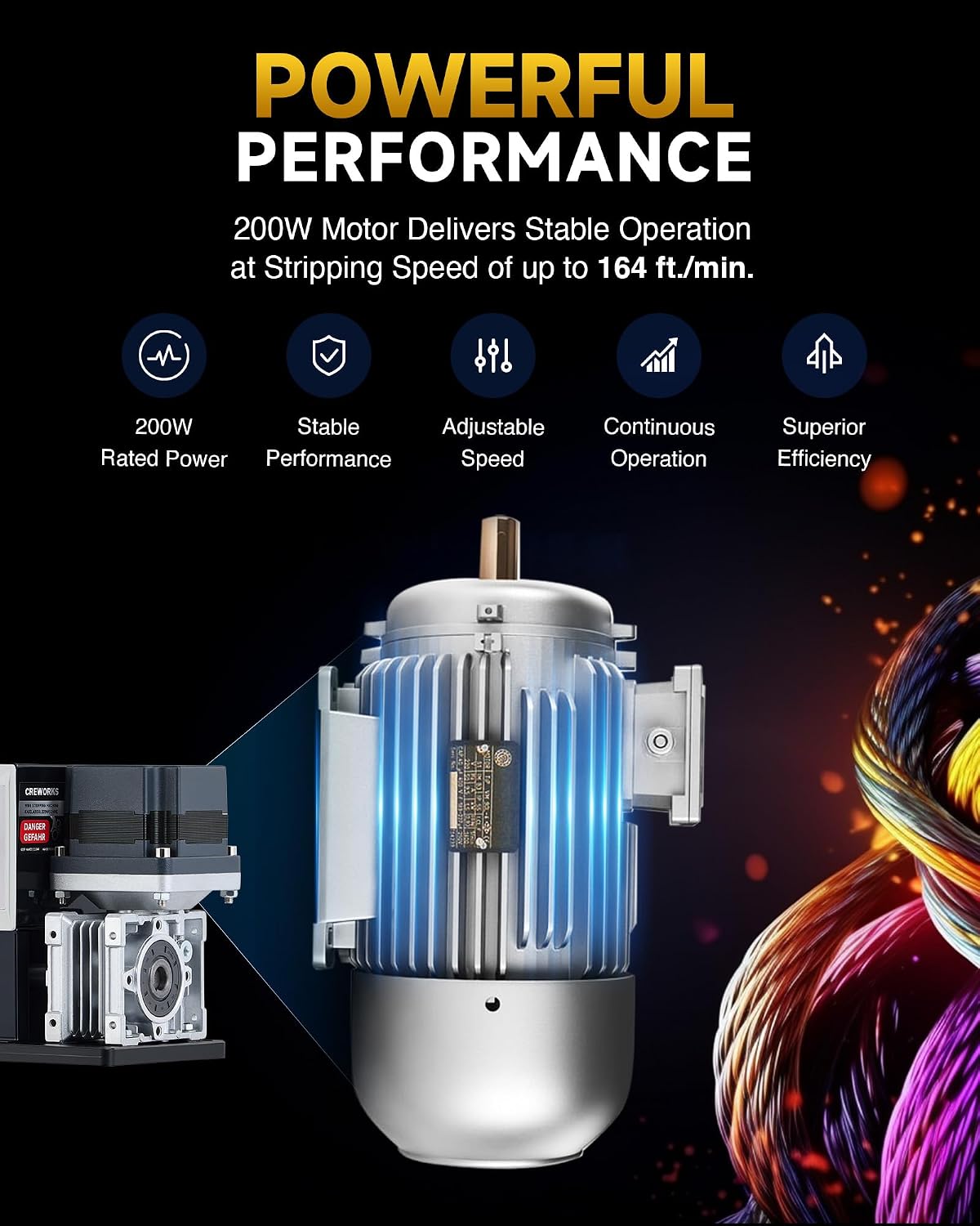 CREWORKS 200W Automatic Wire Stripper Machine, Speed Adjustable Electric Wire Stripping Machine with Real-Time Speed Display, Cable Stripper Machine for 0.04-1 in. Copper Wire Peeling Recycling