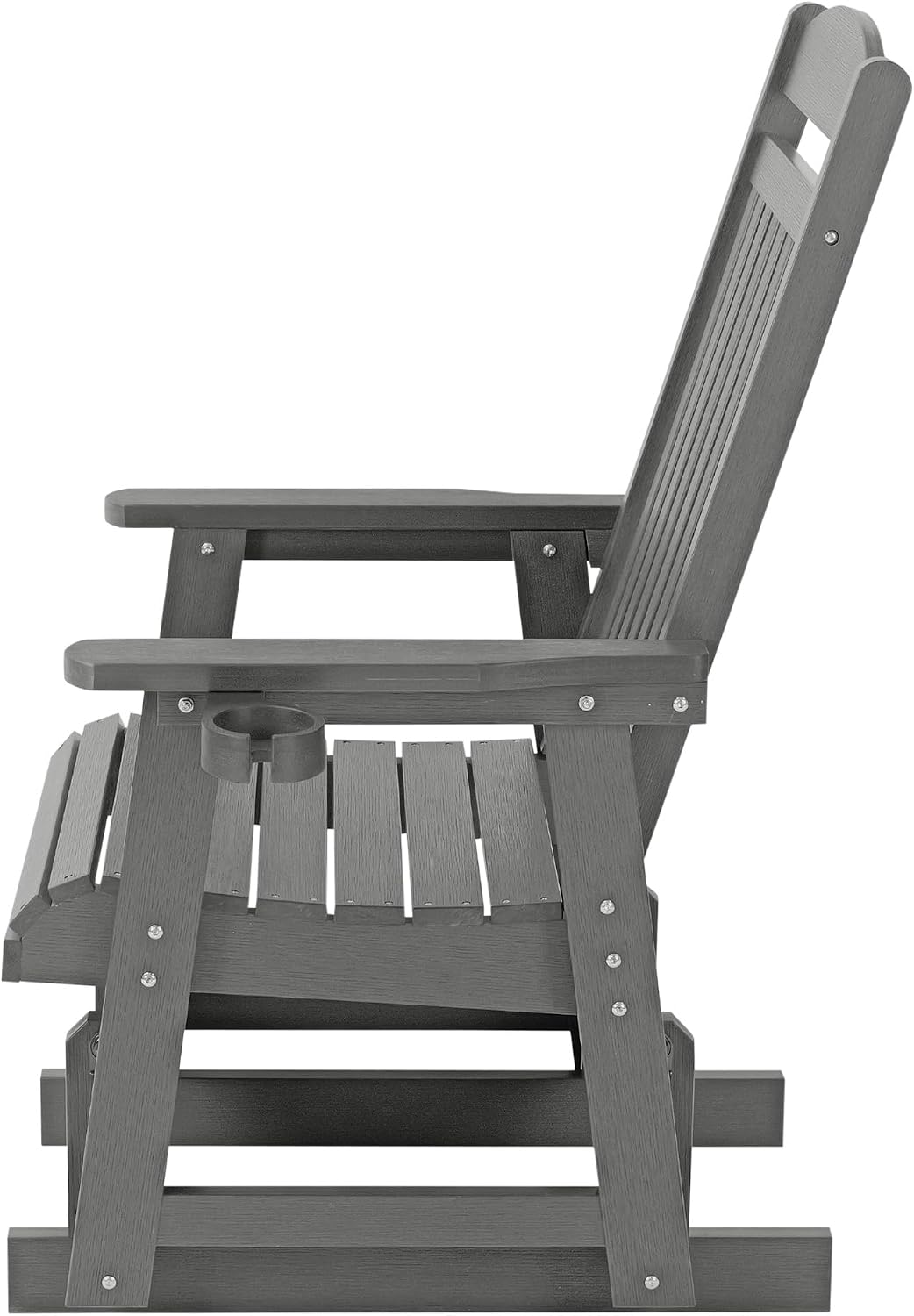 Poly Lumber Patio Glider for One Person, with Cup Holders, High Backrest and Deep Contoured Seat, HIPS Material, All-Weather Resistant, Heavy Duty 700 LBS (Gray)