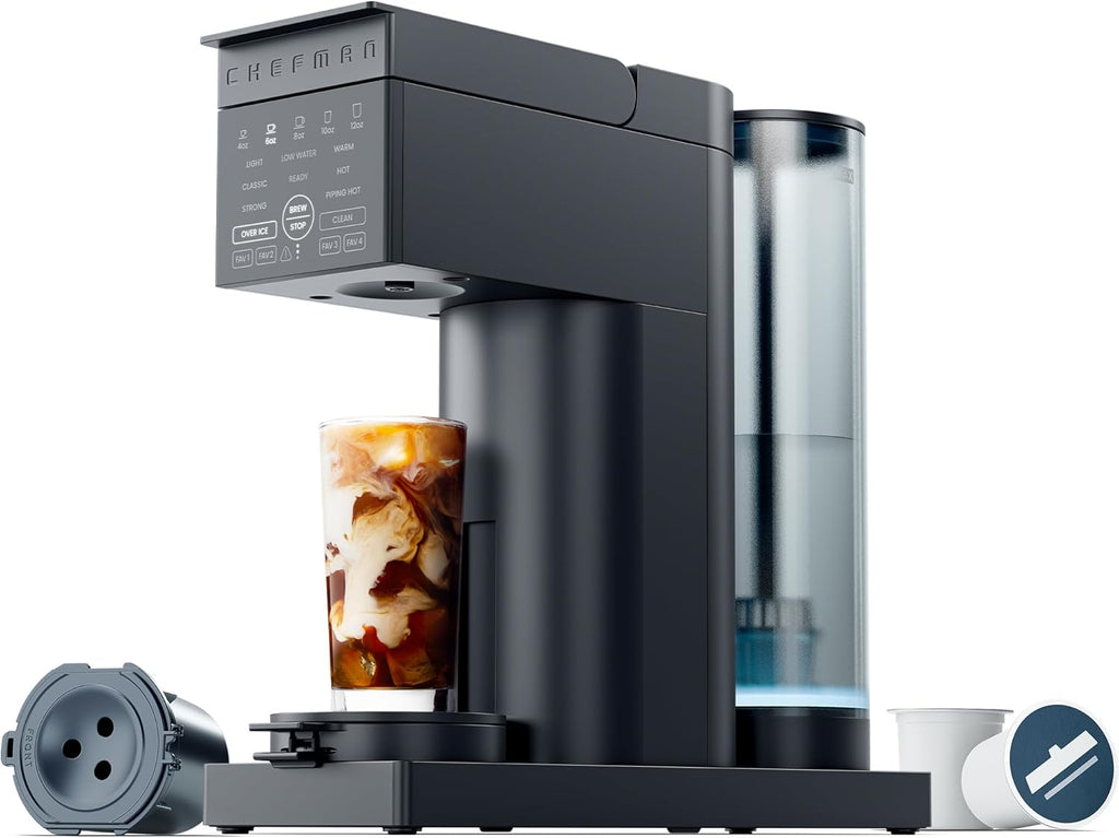 Chefman Caffeinator Single Serve Coffee Maker, Brew Kcups & Grounds, Drip Coffee Machine with Brew Strength Settings, Iced Coffee Function, 45 oz. Removable Water Reservoir