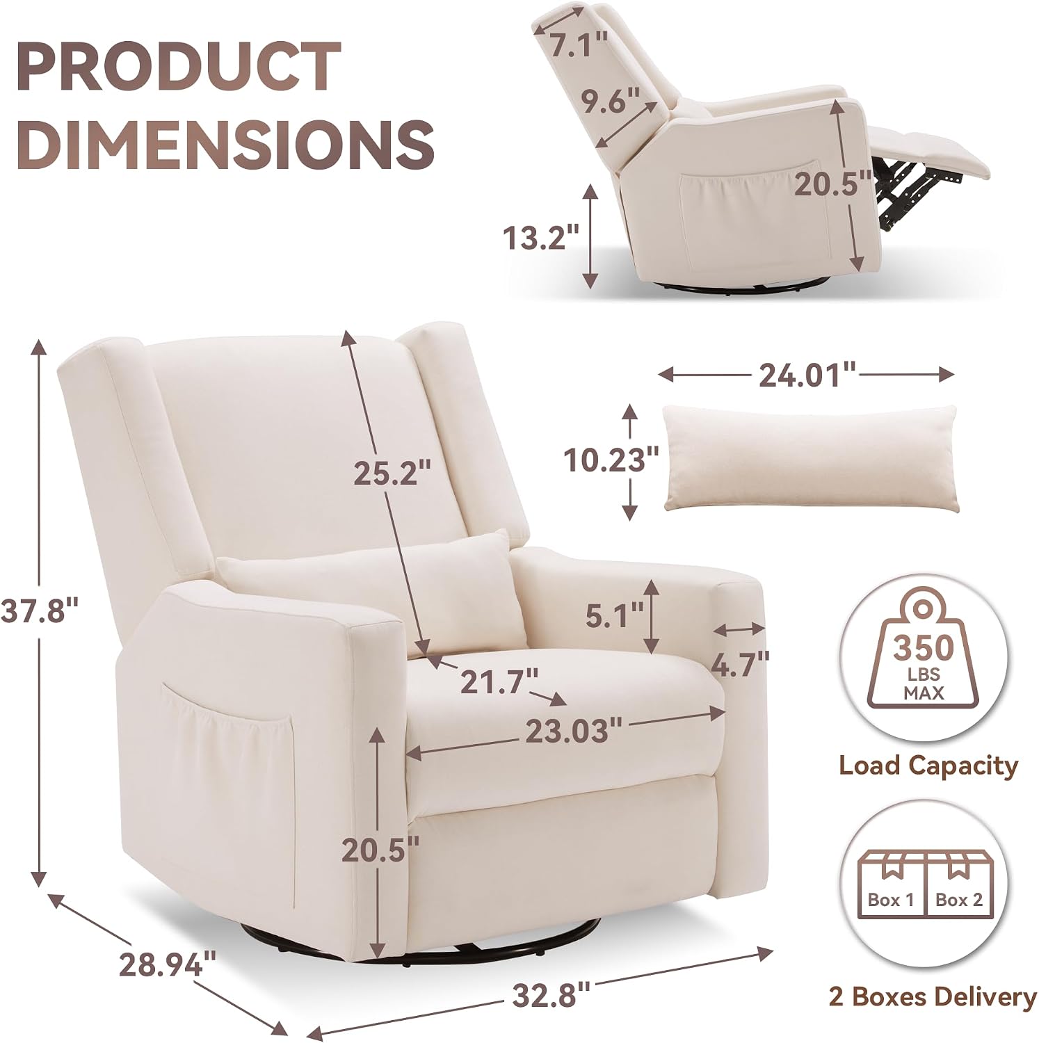 Tbfit 360° Swivel Recliner Chair, Nursery Rocking Chair with Lumbar Support & Footrest for Bedroom, Comfy Upholstered Armchair with Pillows & Storage Bag for Living Room (Beige, Hidden Ring Handle)