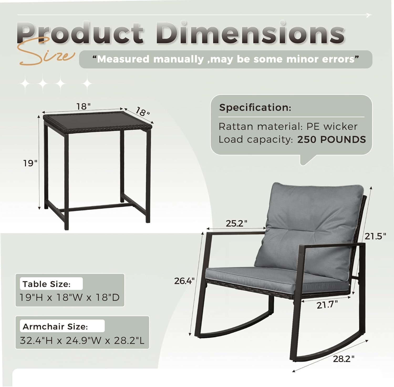 SUNCROWN 3 Piece Outdoor Rocking Bistro Set Black Wicker Furniture Porch Chairs Conversation Sets with Glass Coffee Table, Dark Grey