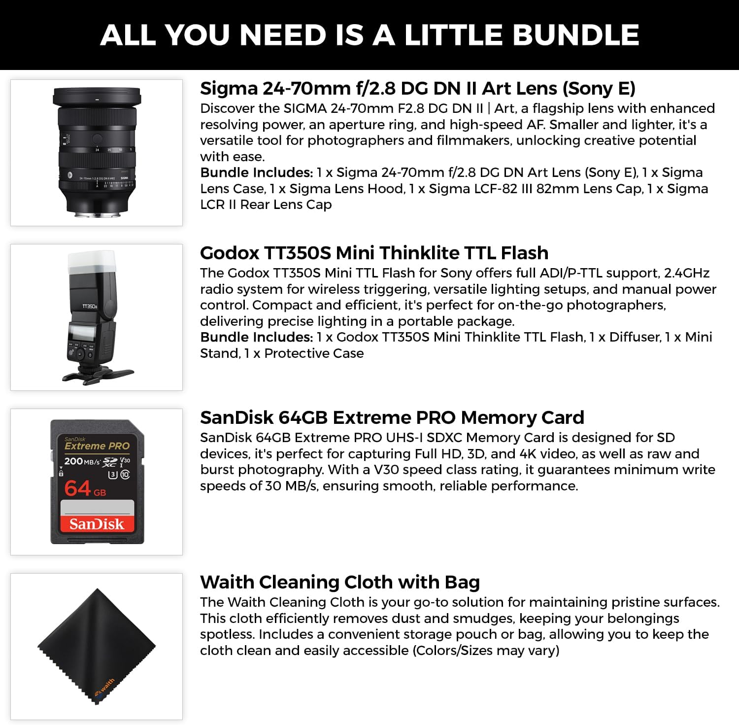 Sigma 24-70mm f2.8 DG DN II Art Lens Sony E, Full Frame Format, Six SLD Elements, Rounded 11-Blade, Godox Flash TT350S Mini, 64GB Extreme PRO Memory Card & Waith Cleaning Cloth (Bundle Set)