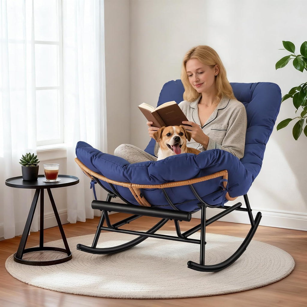Takywep Rattan Rocking Chair with Detachable Polyester Cushion and Extendable Footrest – Papasan Chair with Cozy Seating for Porch, Lawn, Bedroom & Living Room, Royal Blue
