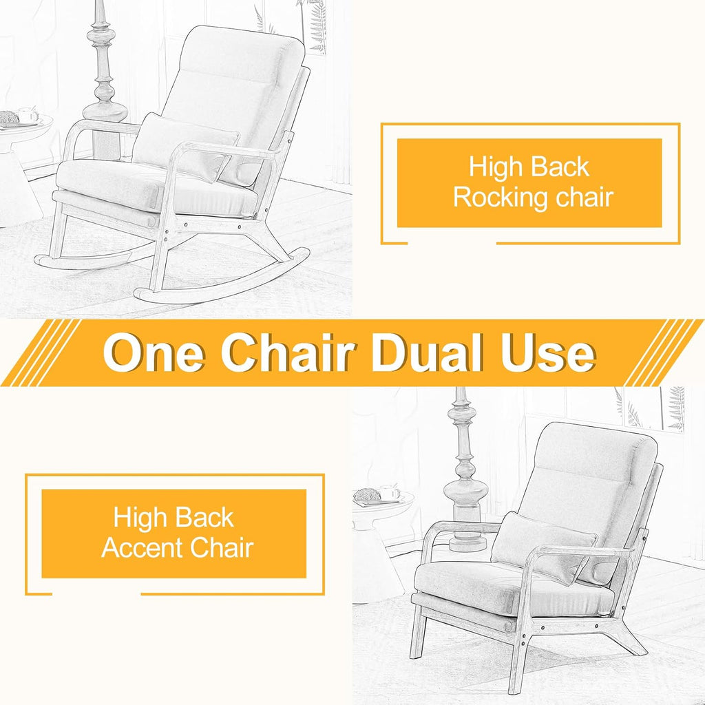 Karl home Nursery Rocking Chair Removable Glider Rocker High Backrest Rocking Armchair Mid-Century Accent Chair with Lumber Pillow for Bedroom, Living Room, Nursery, Beige