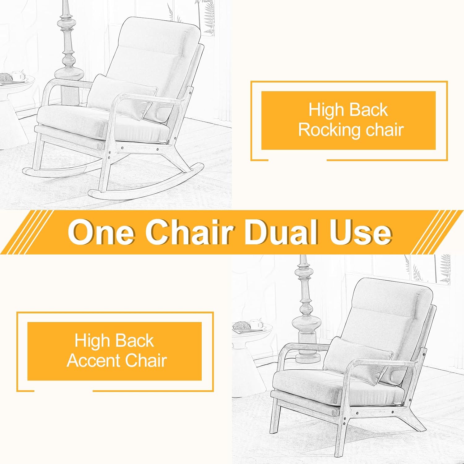 Karl home Nursery Rocking Chair Removable Glider Rocker High Backrest Rocking Armchair Mid-Century Accent Chair with Lumber Pillow for Bedroom, Living Room, Nursery, Beige