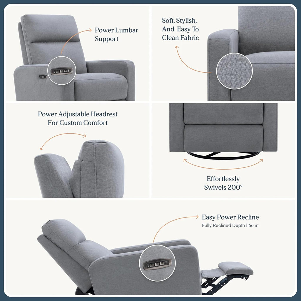 Nurture& The Glider Plus - Premium Nursery Power Recliner | Swivel Chair with Adjustable Head Support and Adjustable Lumbar Support | Built-in USB - The Ultimate Comfort for Nursing, Relaxing (Gray)
