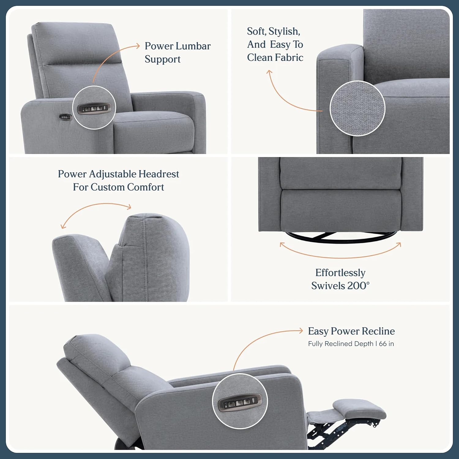Nurture& The Glider Plus - Premium Nursery Power Recliner | Swivel Chair with Adjustable Head Support and Adjustable Lumbar Support | Built-in USB - The Ultimate Comfort for Nursing, Relaxing (Gray)