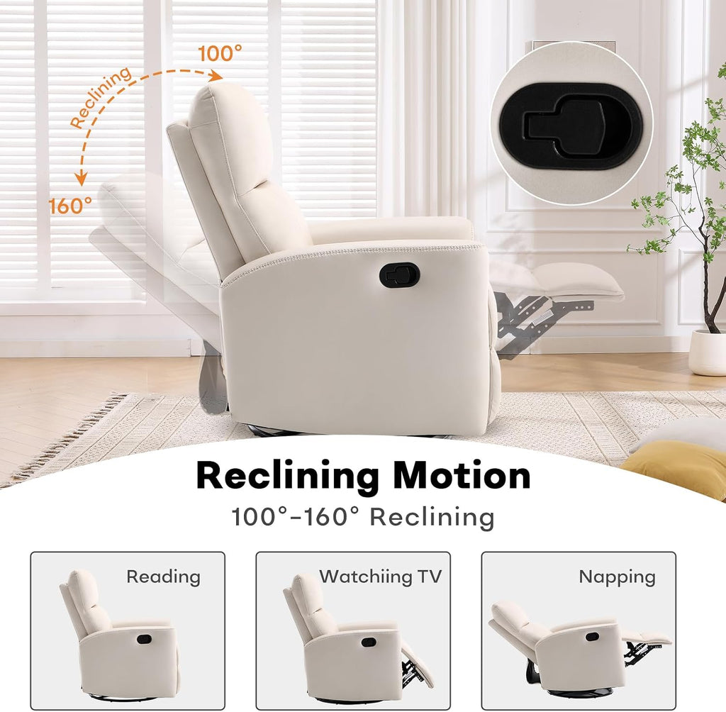 HAOMARKETS Swivel Rocker Recliner Chair, Manual Faux Leather Glider Rocking Recliners for Adults, 360° Swivel Nursery Reclining Sofa with Padded Backrest for Living Room, White