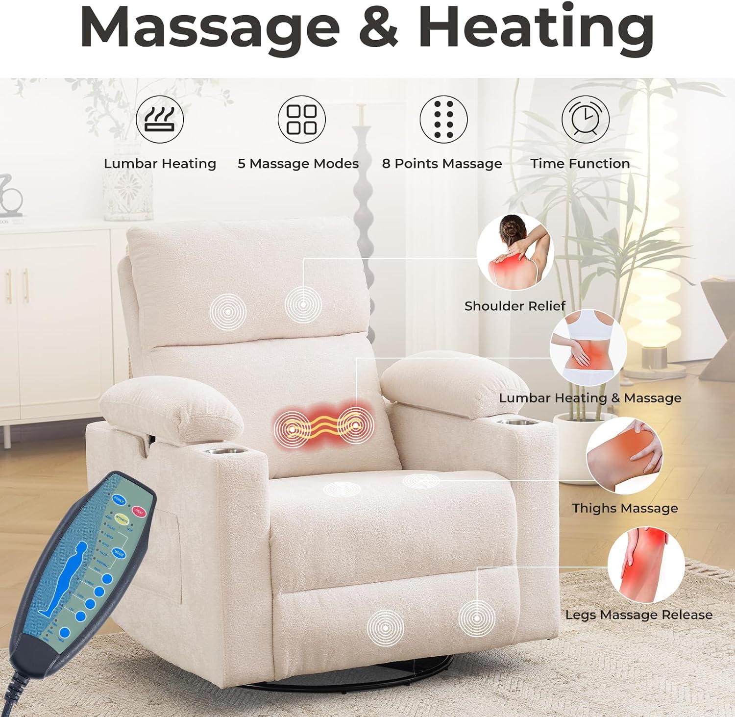 Rocking Chair Nursery with Adjustable Armrests, Electric Glider Recliner Nursing Chair for Breastfeeding, Power Swivel Recliner Chairs with Massage and Heat, Adjustable Headrest , FSC Certified, White