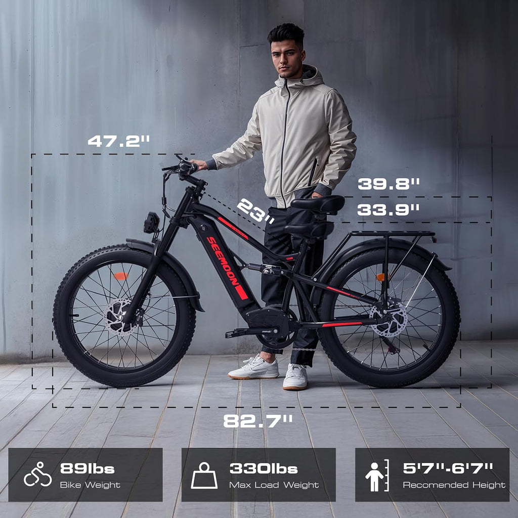 Seemoon Electric Bike for Adults, 52V 20Ah 26' Fat Tire Fast Ebike, up to 100 Miles, Hydraulic Brakes, Off-Road Mountain Hunting AWD Ebike for Men (Black)