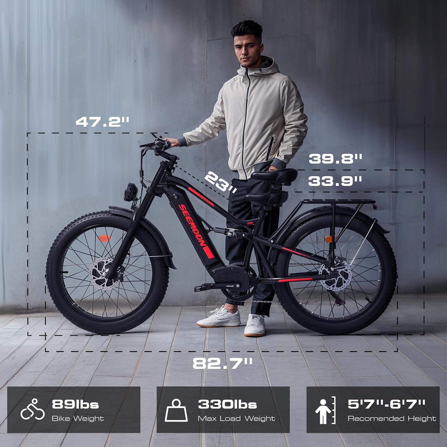 Seemoon Electric Bike for Adults, 52V 20Ah 26' Fat Tire Fast Ebike, up to 100 Miles, Hydraulic Brakes, Off-Road Mountain Hunting AWD Ebike for Men (Black)