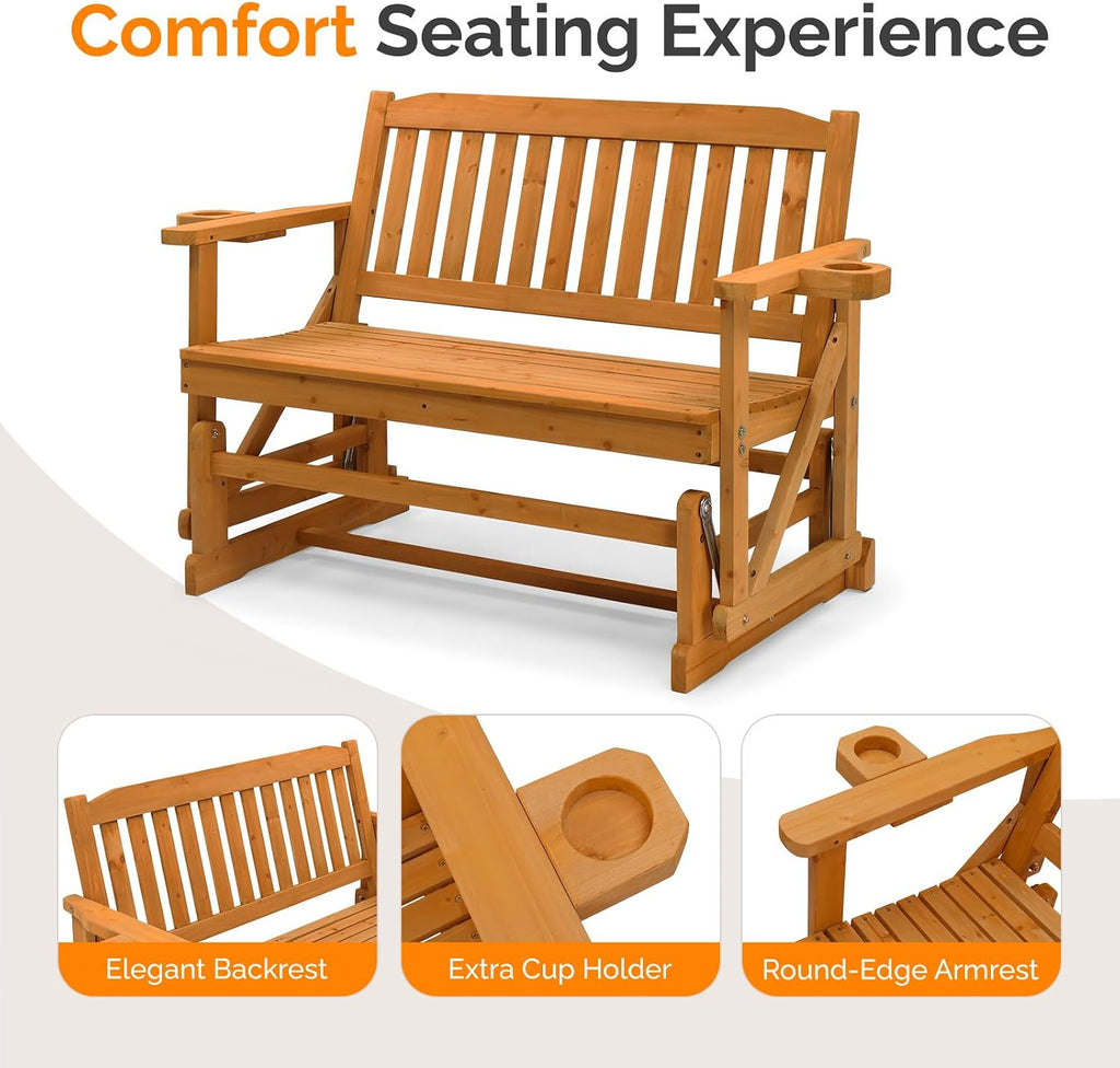 VINGLI 2-Person Outdoor Glider Bench, Patio Glider with Cup Holders, Outdoor Rocking Chair Loveseat for Backyard Garden Porch, Teak