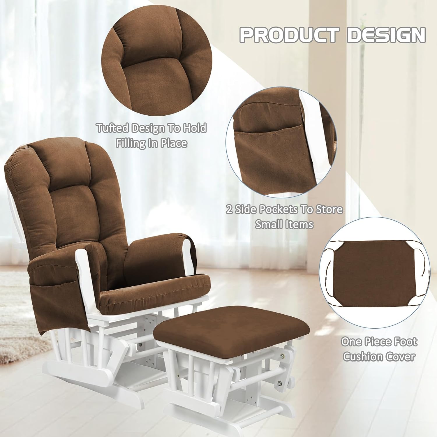 BECHAEO 5PCS Suede Glider Rocker Replacement Cushions with Ottoman Cover Thicken Soft Rocking Chair Cushion Set for Indoor Nursery Glider Rocking Chair, Brown