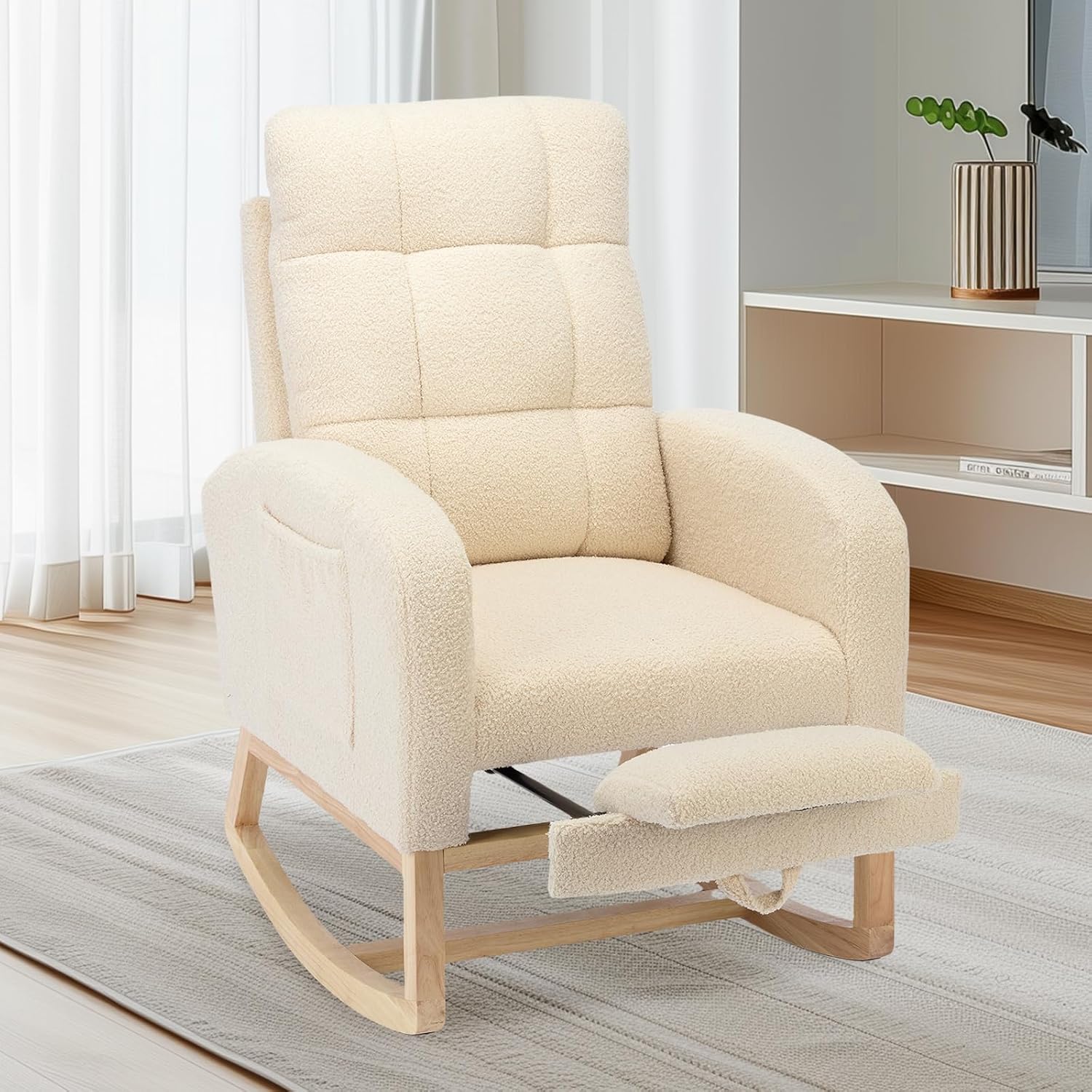 Nursery Rocking Chair, Polyester Upholstered Glider Chair with Footrest, Comfy Rocker Chair, Accent Chair with High Backrest, Glider Rocker, Armchair for Living Room (Beige Teddy)