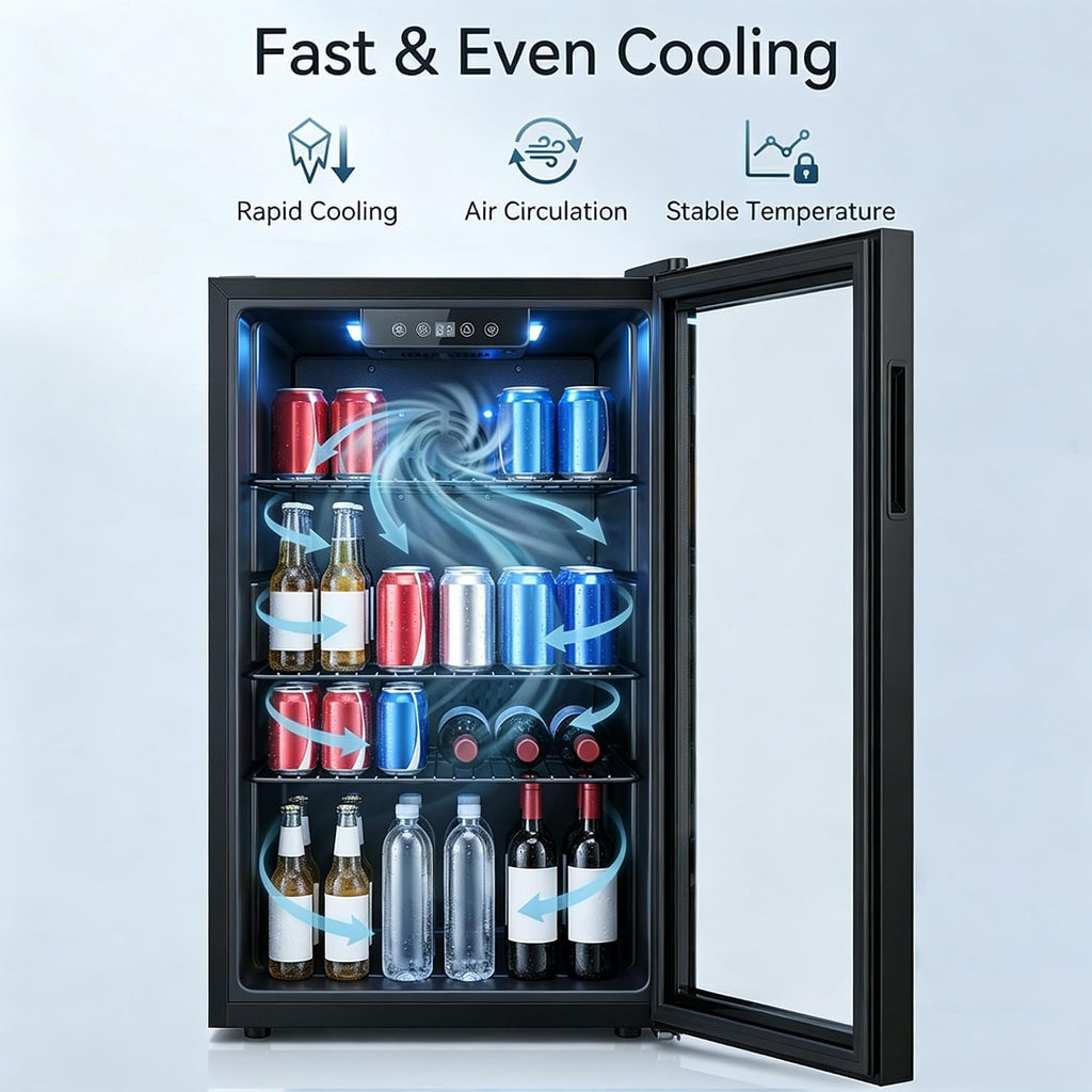 3.3 Cu Ft Beverage Refrigerator, 126 Can Mini Fridge with Glass Door, Digital Temperature Control, Quiet Beverage Cooler Fridge for Beer Soda Wine, Air Cooling for Home Office Bar