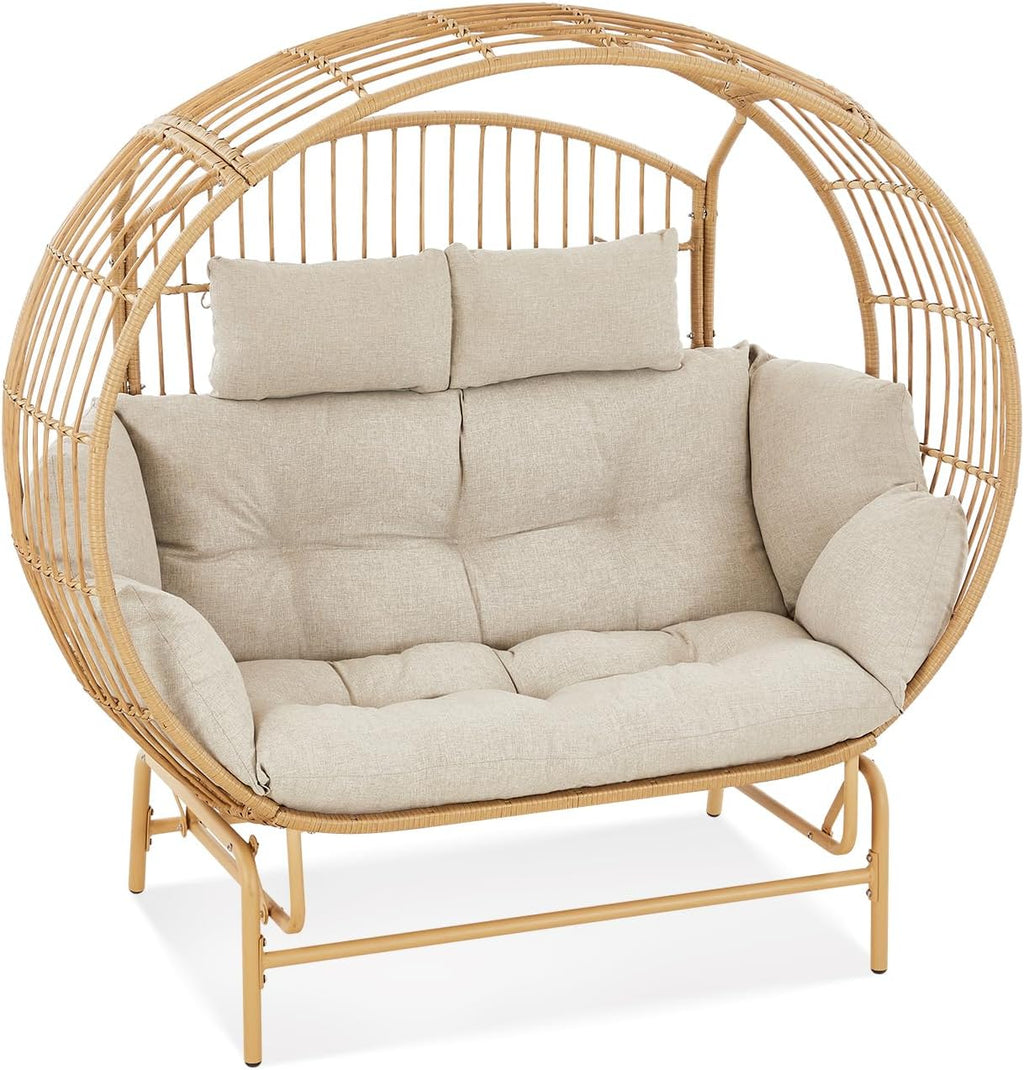 Oversized 2-Person Egg Chair Glider Rocking Chair, Heavy-Duty Wicker Rattan Outdoor Loveseat w/Thicken Padded Cushions, Extra Large Lounge Chair for Porch Backyard Patio Garden Yellow
