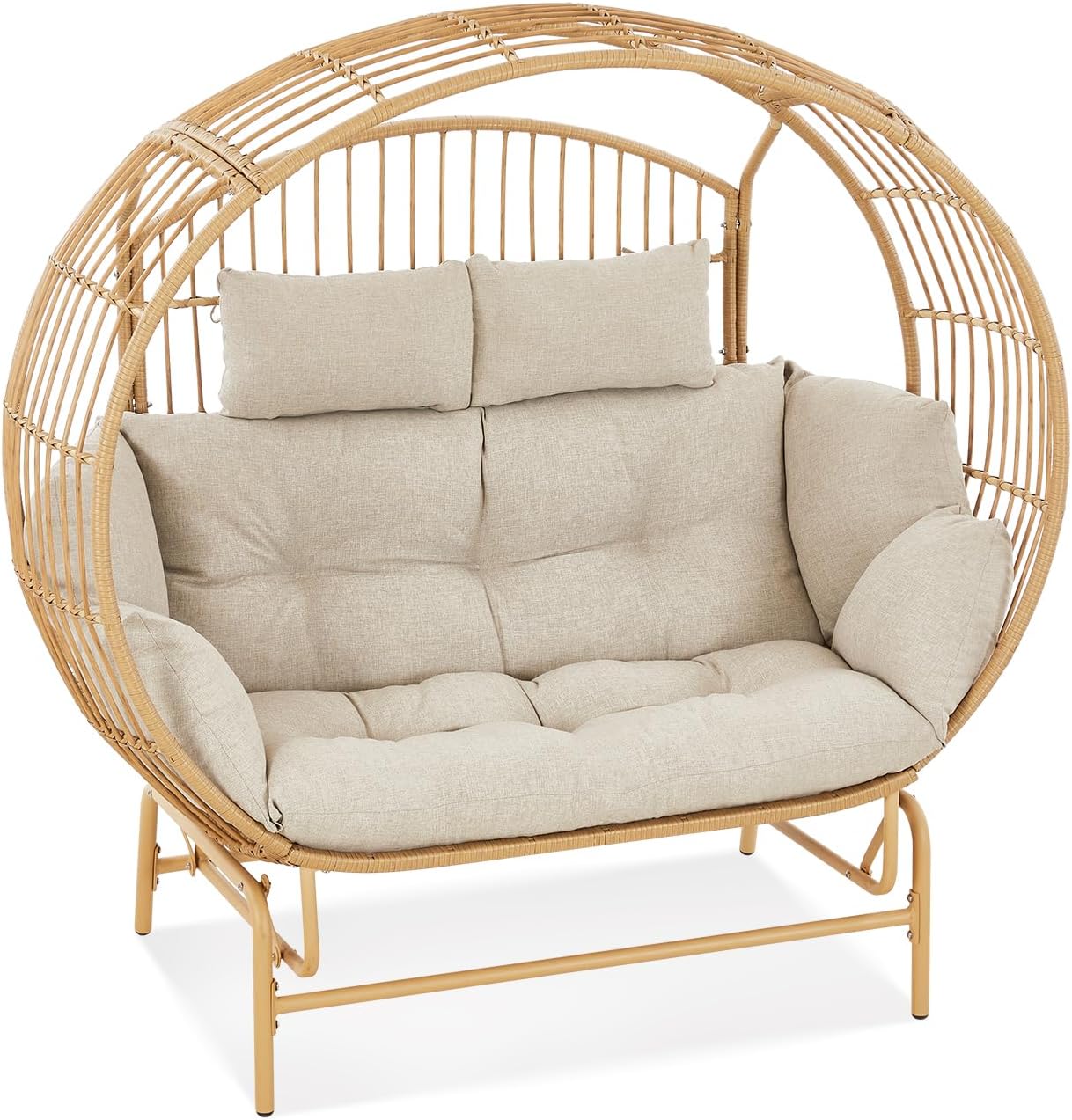 Oversized 2-Person Egg Chair Glider Rocking Chair, Heavy-Duty Wicker Rattan Outdoor Loveseat w/Thicken Padded Cushions, Extra Large Lounge Chair for Porch Backyard Patio Garden Yellow