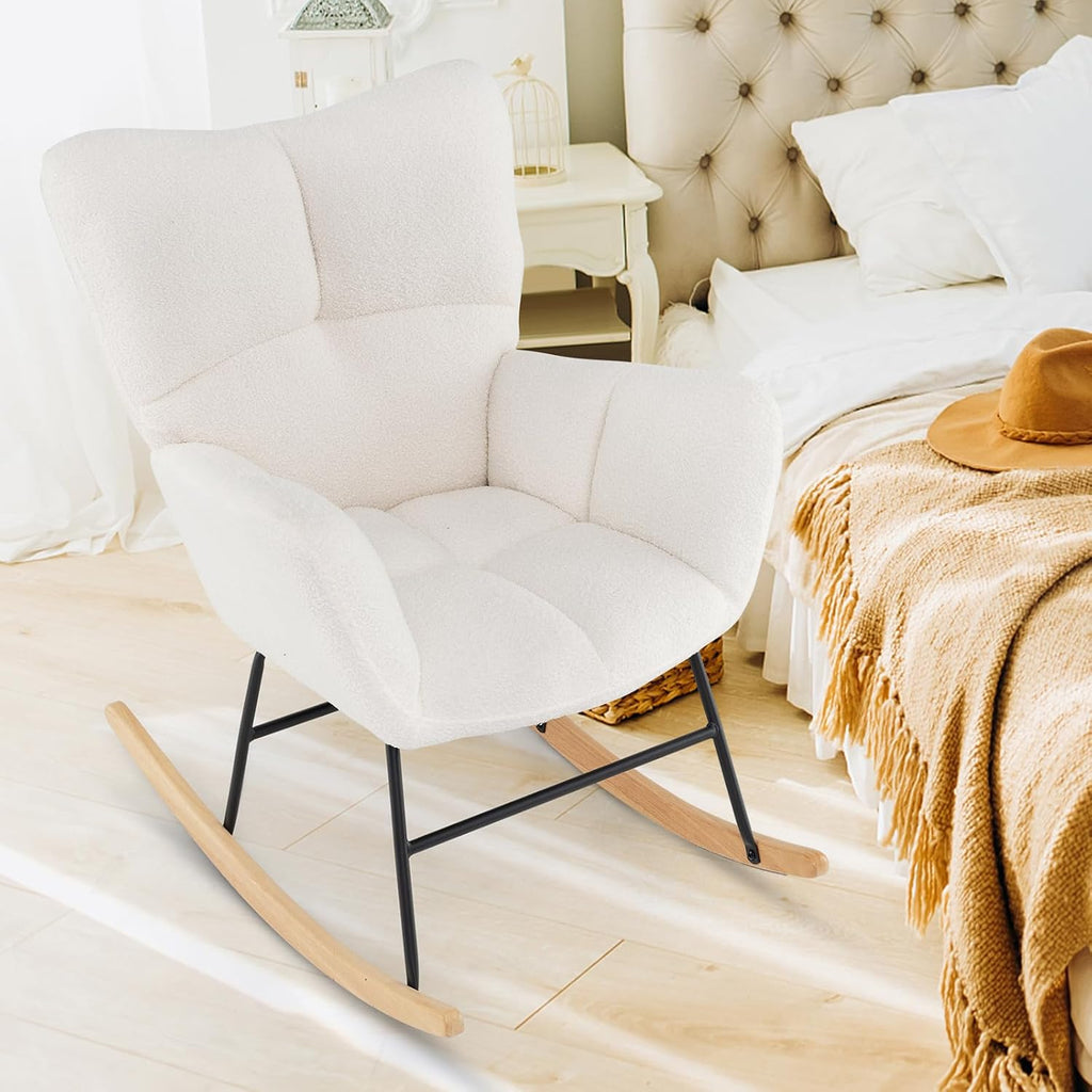 Giantex Rocking Chair Nursery, Teddy Upholstered Glider Rocker Chair w/High Backrest, Armrests & Rubber Wood Feet, Modern Sherpa Rocking Accent Chair for Living Room, Bedroom & Office, Beige