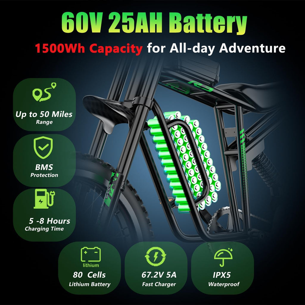 Electric Bike for Adults, R3/R3 Neo 6000W Peak Dirt Bike, 50MPH /45MPH Top Speed, 50 Miles Long Range Ebike with 60V 25Ah Battery, 19' Off Road Tires Electric Motorcycle with Full Suspension