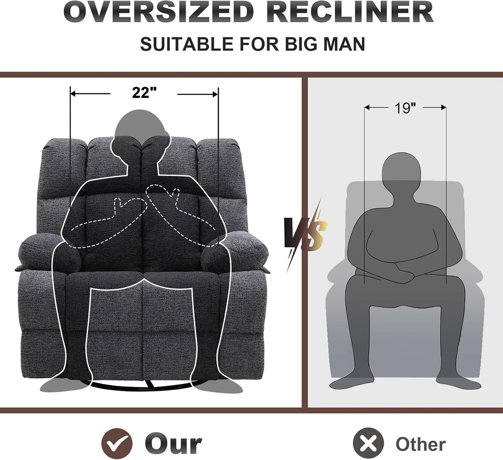 Eiayeebil Oversized Swivel Rocker Recliner Chair for Adult, Rock Recliner for 350lb Big Man, Extra Wide Manual Recliners, Overstuffed Soft Rocking Sofa Chair,Light Grey