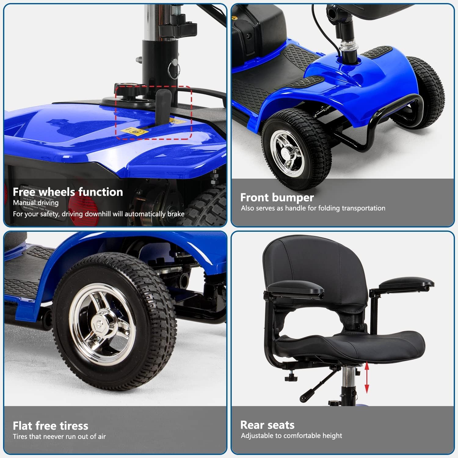 4 Wheel Mobility Scooters for Adults，Collapsible Compact Electric Scooter，Heavy Duty Powered Mobile Wheelchair Device with Lights，Basket and Long-Lasting Battery（Blue）