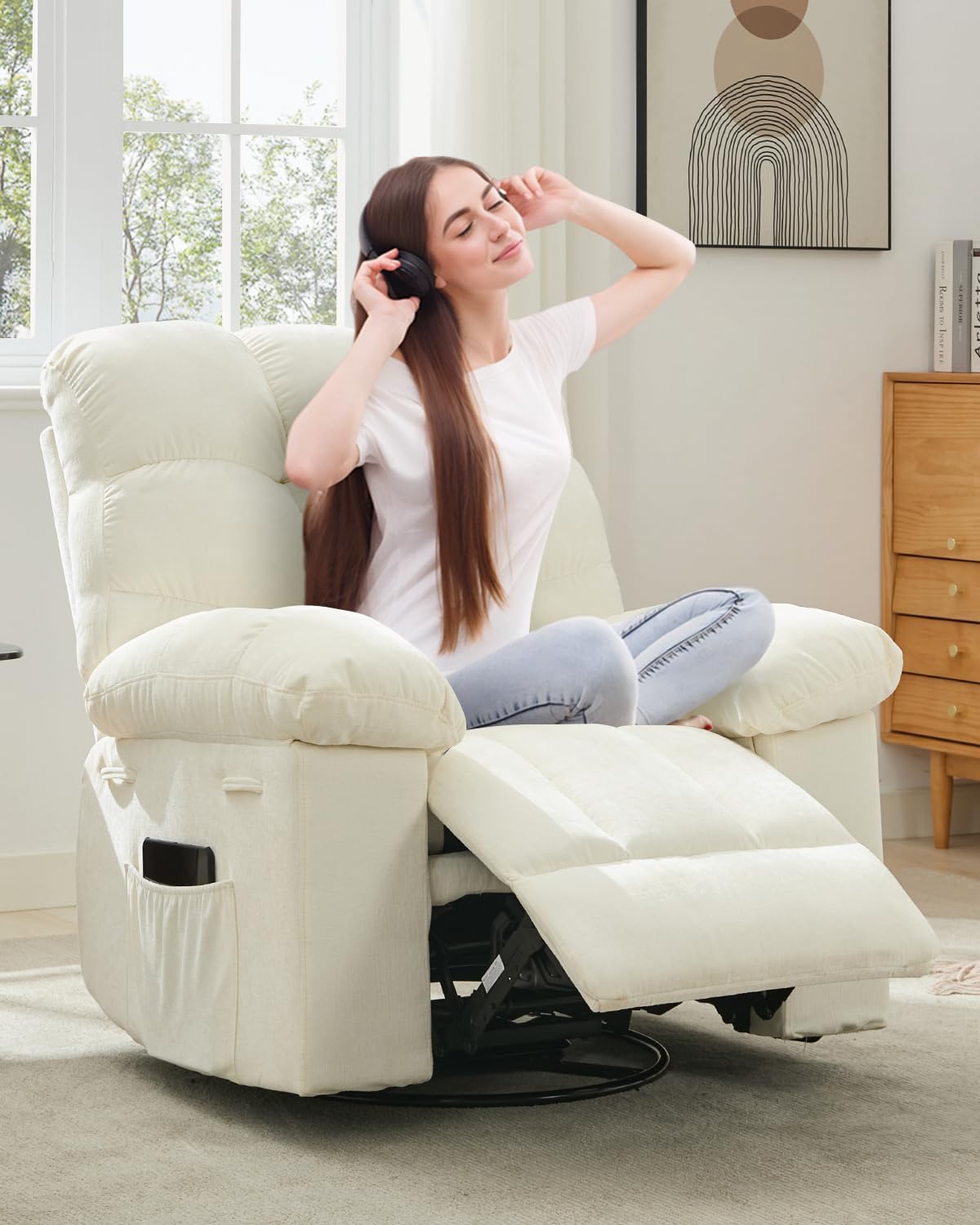 Rocking Recliner Chair,360° Swivel Rocker Chair for Living Room,Upholstered Fabric Glider Nursery Chair with Side Pockets for Small Spaces,q235 Steel Frame Lazy Boy Recliner Single Sofa
