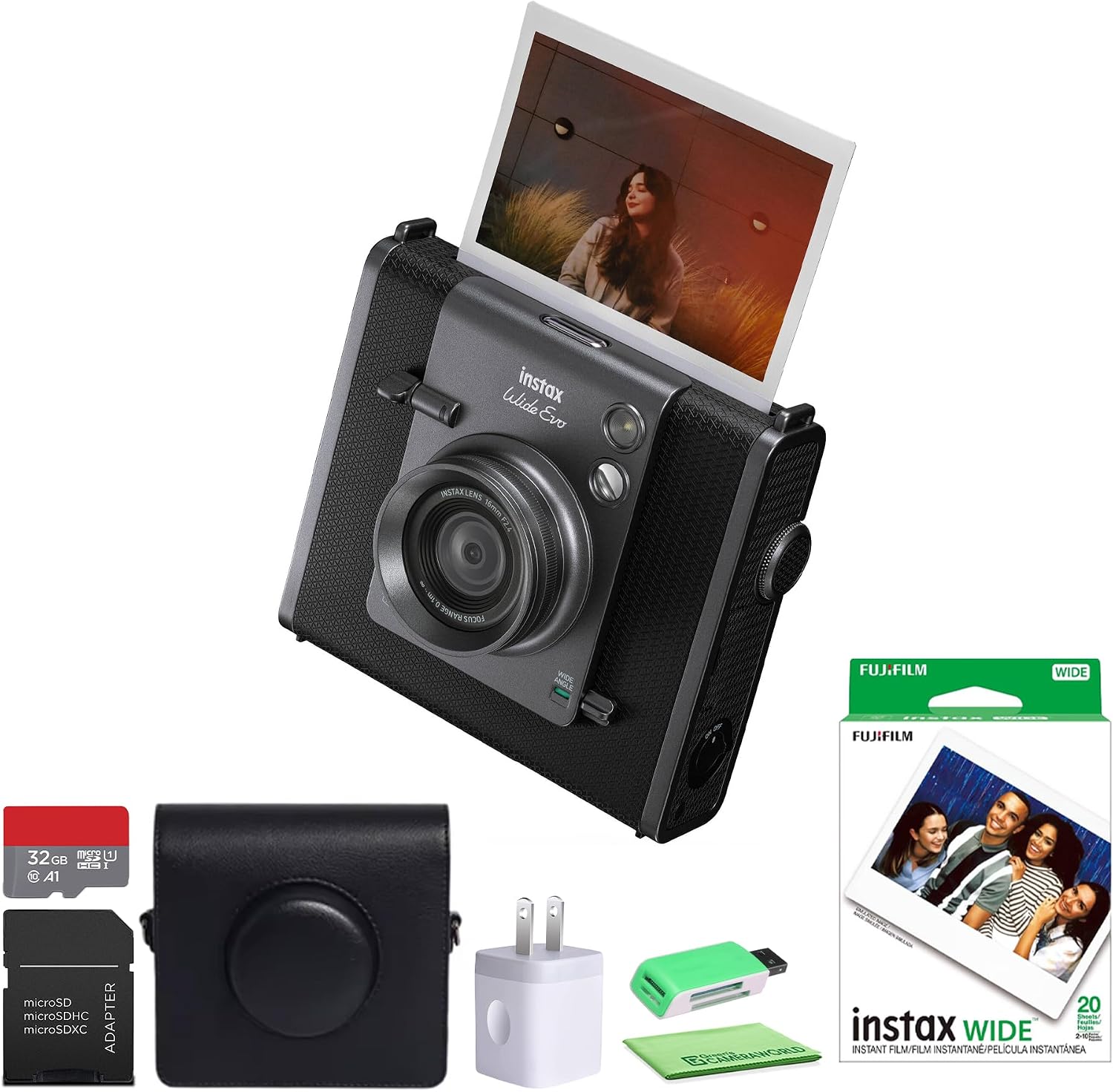 Fujifilm Instax Wide Evo Hybrid Instant Film Camera Bundle with Fuji Instax-Wide Instant Film (20 Sheets) + Compatible Carrying Case + 32GB Memory Card + More