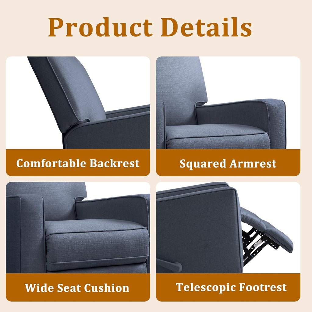 Swivel Rocker Recliner Chair for Adults, High Back Fabric Recliner with Deep Seat, Manual Glider for Living Room & Nursery, Blue