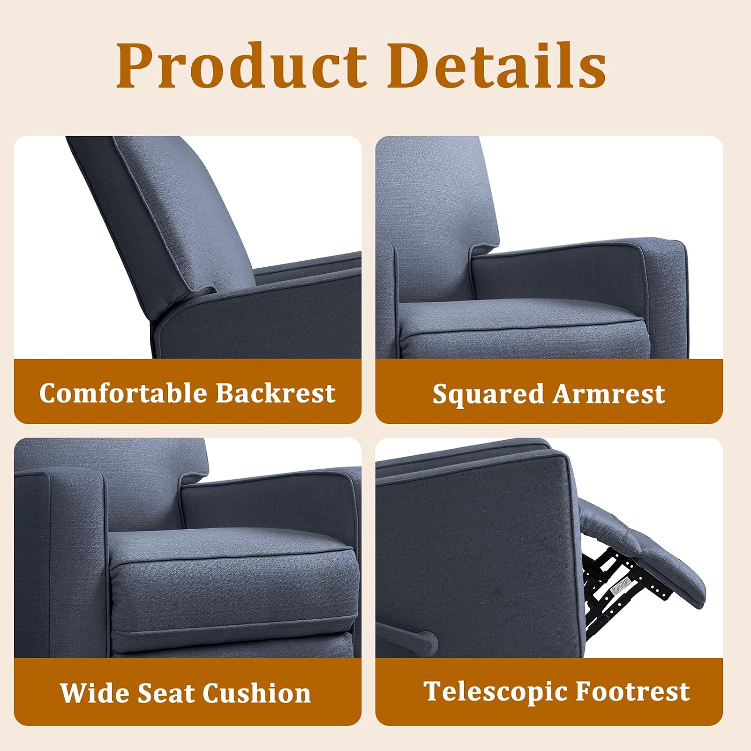 Swivel Rocker Recliner Chair for Adults, High Back Fabric Recliner with Deep Seat, Manual Glider for Living Room & Nursery, Blue