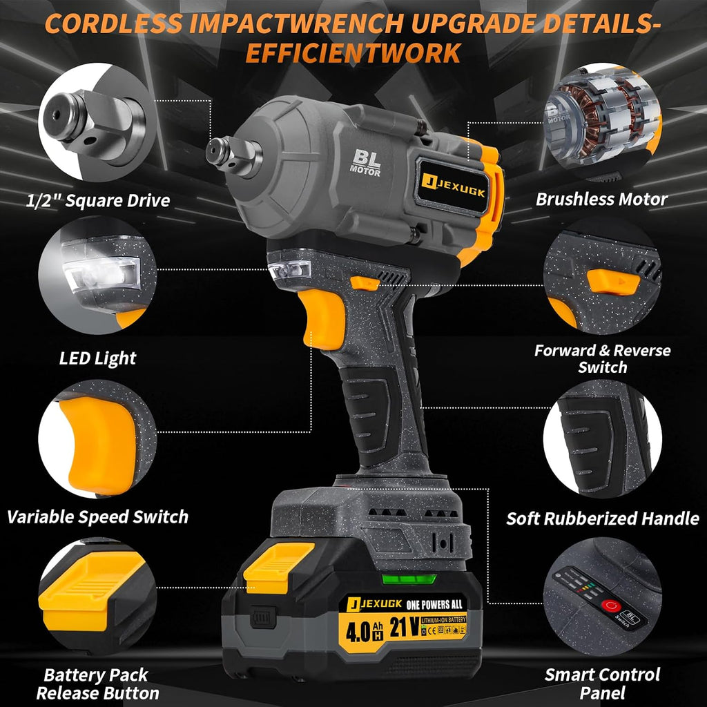 JEXUGK 1500Nm Impact Wrench, 1/2' 1107ft-lbs Cordless Impact Gun with 2 x 4.0Ah Battery, 21V High Torque Power Impact Driver with 6 Sockets,Pistola Llave De Impacto for Truck RV Car Heavy Construction
