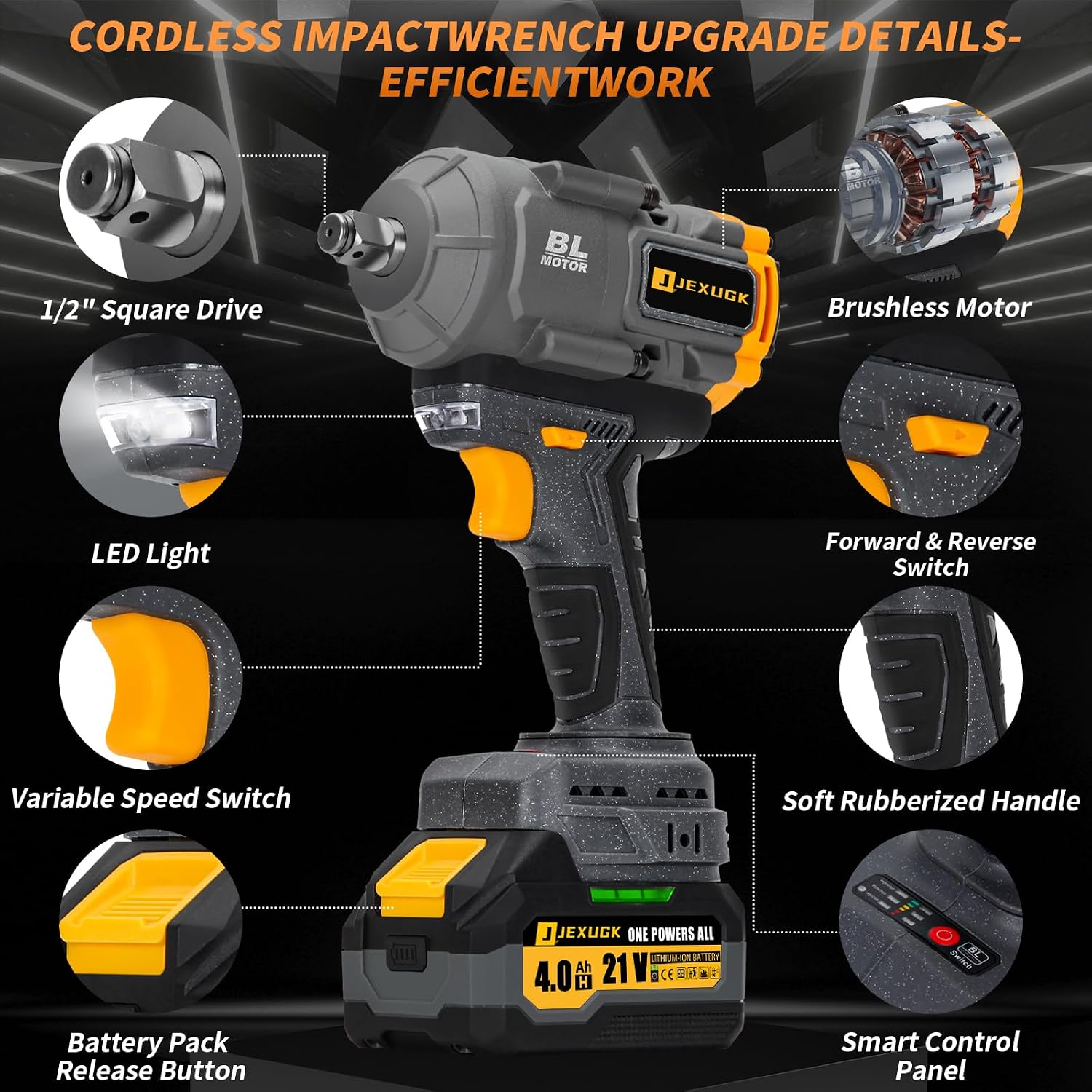 JEXUGK 1500Nm Impact Wrench, 1/2' 1107ft-lbs Cordless Impact Gun with 2 x 4.0Ah Battery, 21V High Torque Power Impact Driver with 6 Sockets,Pistola Llave De Impacto for Truck RV Car Heavy Construction