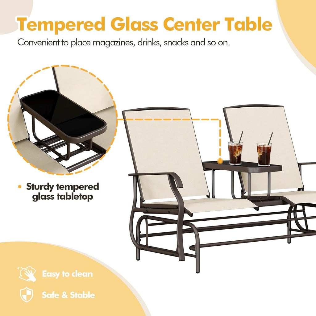 Yaheetech 2-Seat Outdoor Glider with Center Table, Patio Rocking Loveseat with Breathable Mesh Sturdy Metal Frame for Garden Pool Lawn, Beige