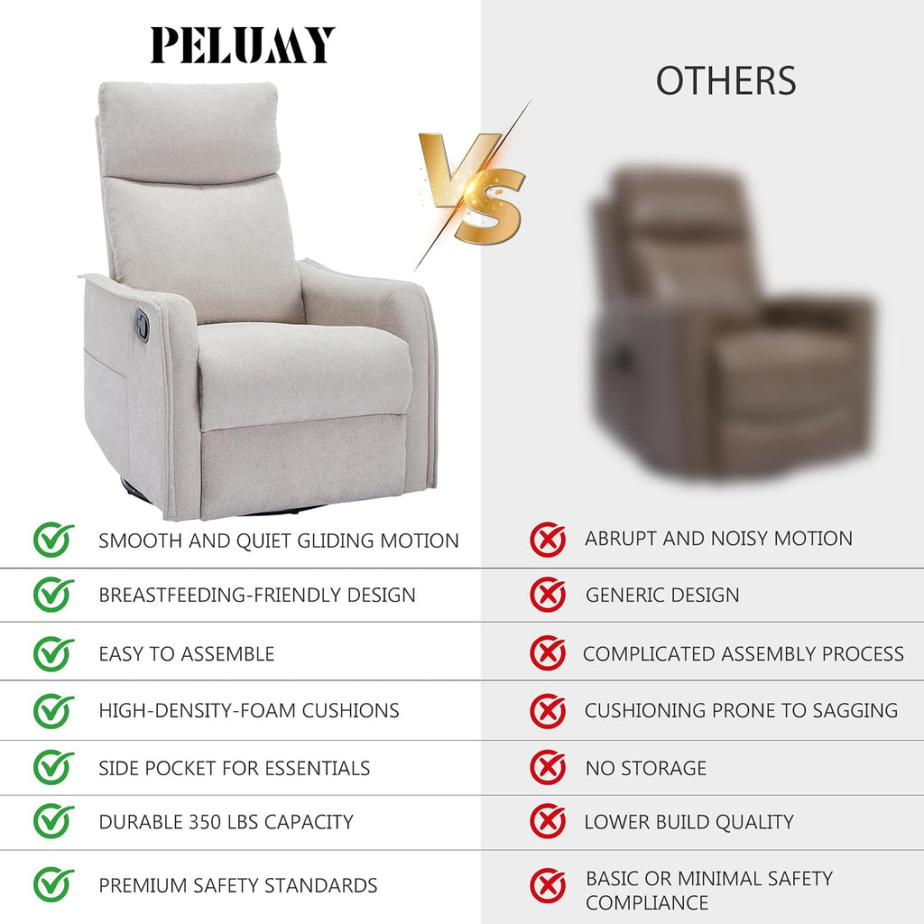 PELUMY 360 Swivel Rocking Recliner Chair for Adults, Nursery Rocking Chair with Heat and Massage, Glider Reclining Chair for Small Space, Living Room, Bedroom (Beige)