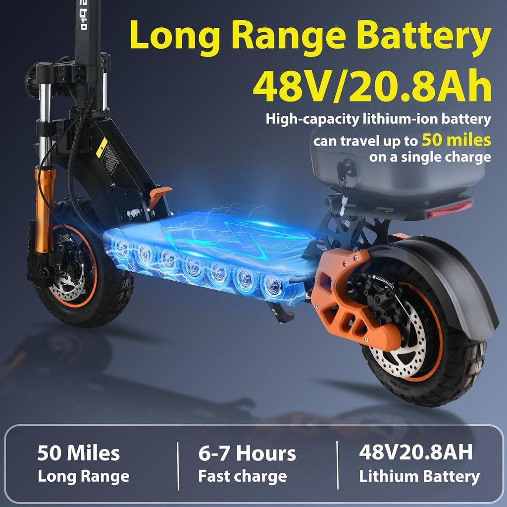 Electric Scooter Adults 1600/2000W Motor 50 Miles Long Range & 30/35 MPH Top Speed 10' Off Road Tire Folding E-Scooter 48V 20.8AH Battery Kick Scooter with Detachable Seat for Commuter Outdoor