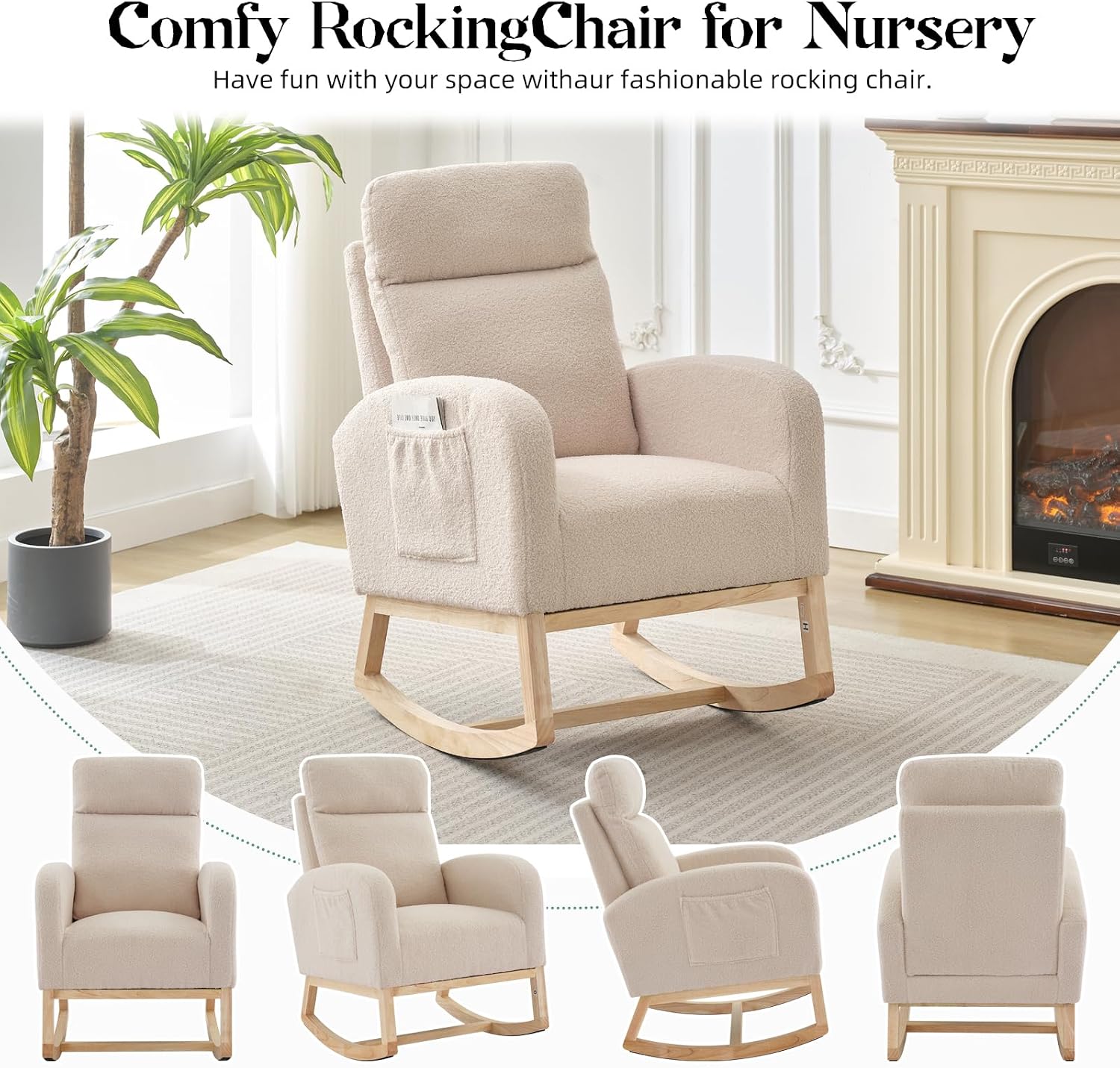 IDEALHOUSE Nursery Rocking Chair, Upholstered Glider Rocker with High Back & Side Pocket, Comfy Nursing Chair for Breastfeeding, Padded Nursery Armchair for Baby Room, Bedroom & Living Room
