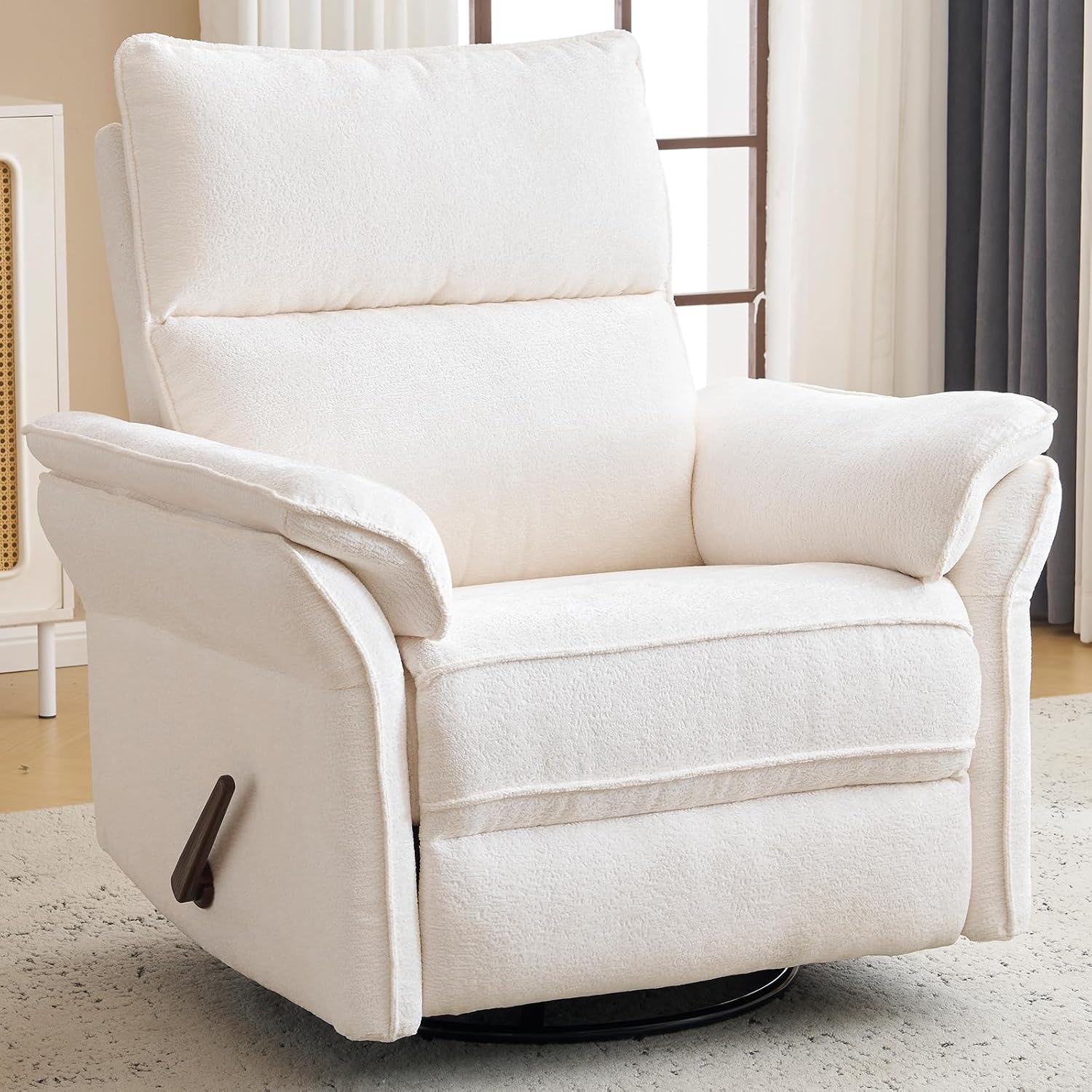 Oversized Swivel Rocker Recliner with Adjustable Headrest, Rocking Chair Nursery with Overstuffed Armrest, Manual Rocker Recliner Nursery Chair for Living Room, White