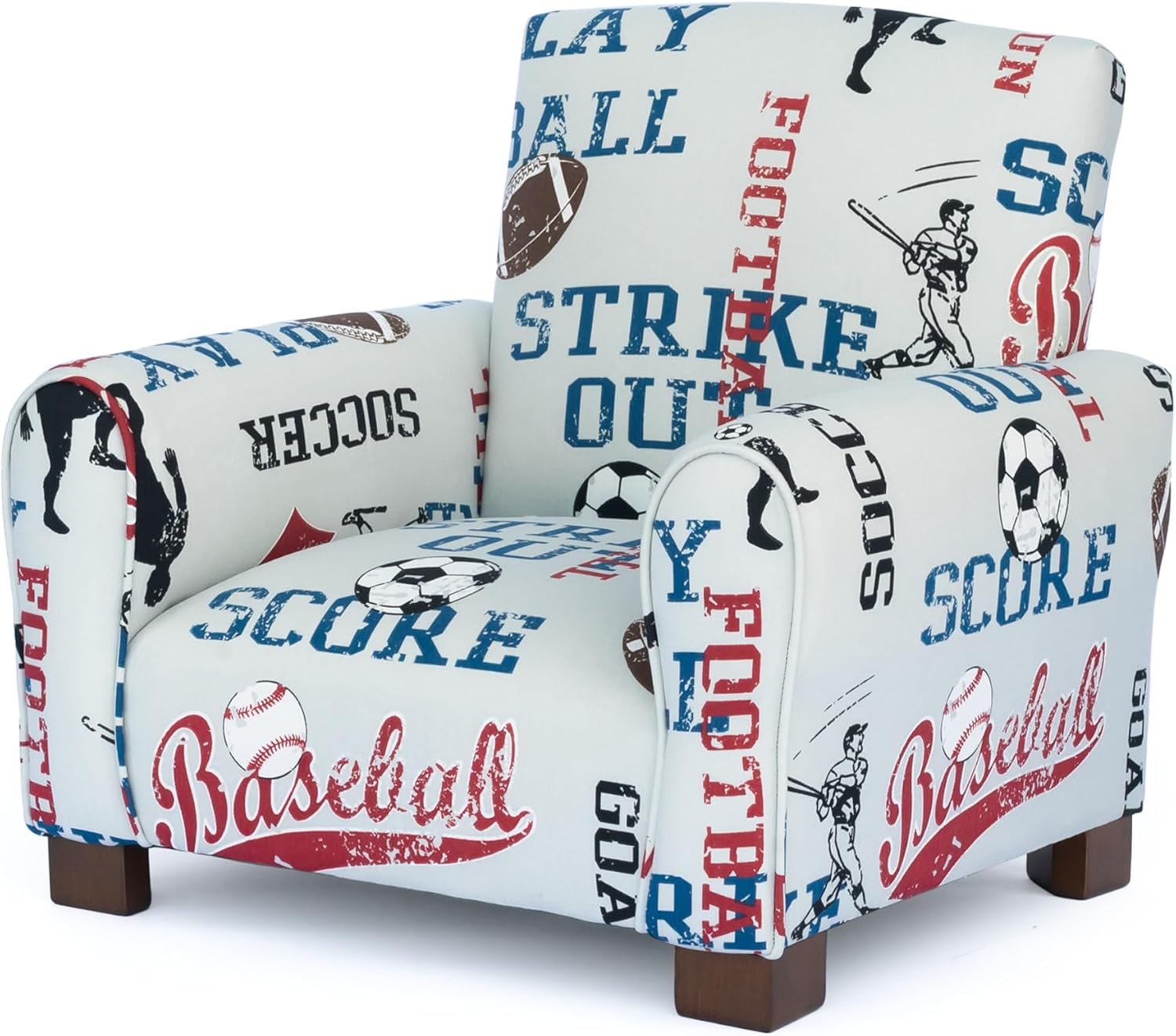 Toddler Personalized Armchair, Kids Upholstered Rocking Chair with Personalization, Toddler Chair with Personalized Name, Comfy Child Armchair (Legs, Sports Print)