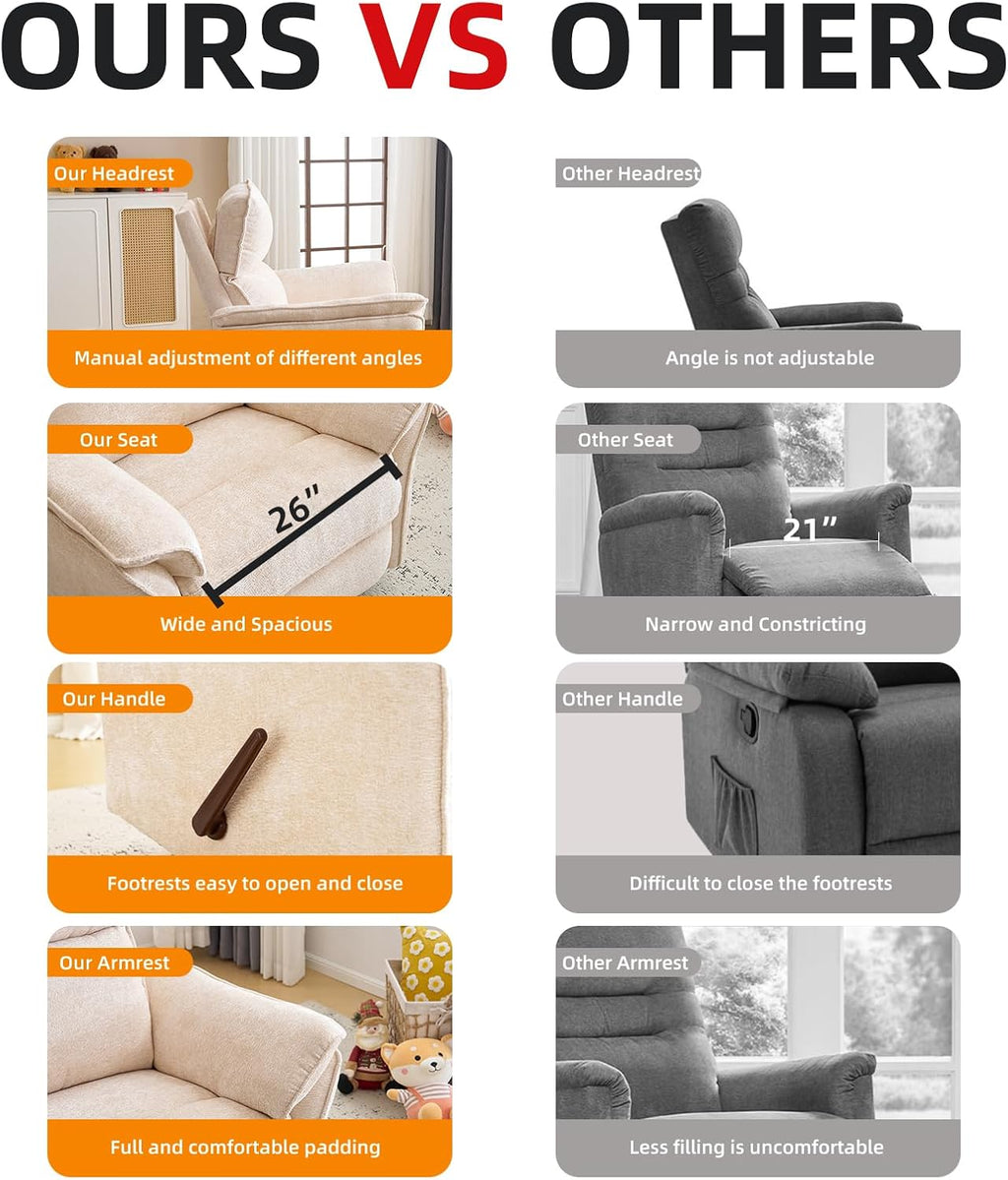Oversized Recliner Chair, 26' Extra Wide 360° Swivel Rocker Recliner with Adjustable Headrest, Chenille Glider Rocking Nursery Chair with Overstuffed Armrest, Lumbar Support, Beige