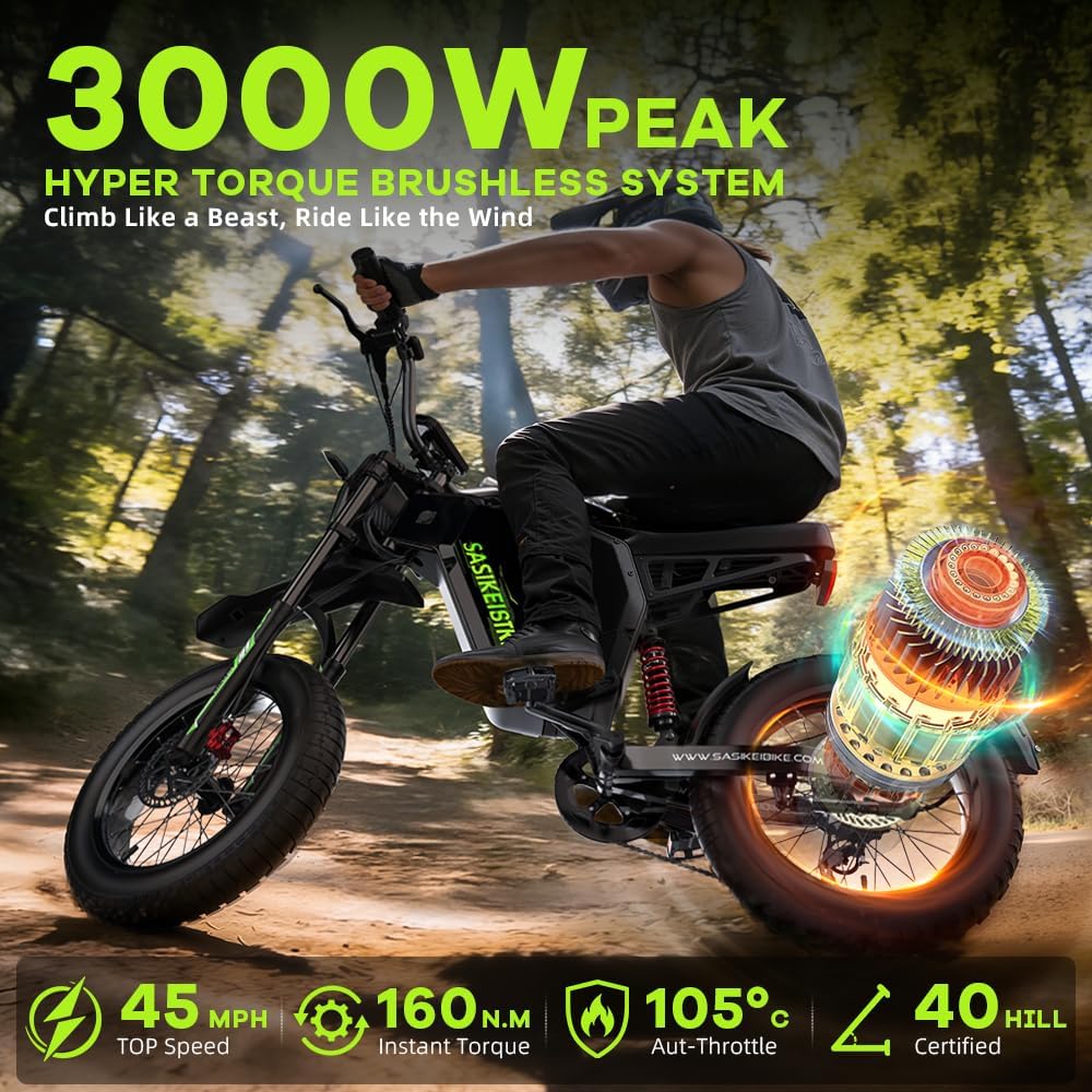3000W Motor Peak Electric Motorcycle for Adults, 52V 35AH 45MPH+ Ebikes for Adults,20' Fat Tire Electric Dirt Bike,100 Miles Mountain Off-Road E Dirt Bike,Dual Hydraulic Brakes UL Certified