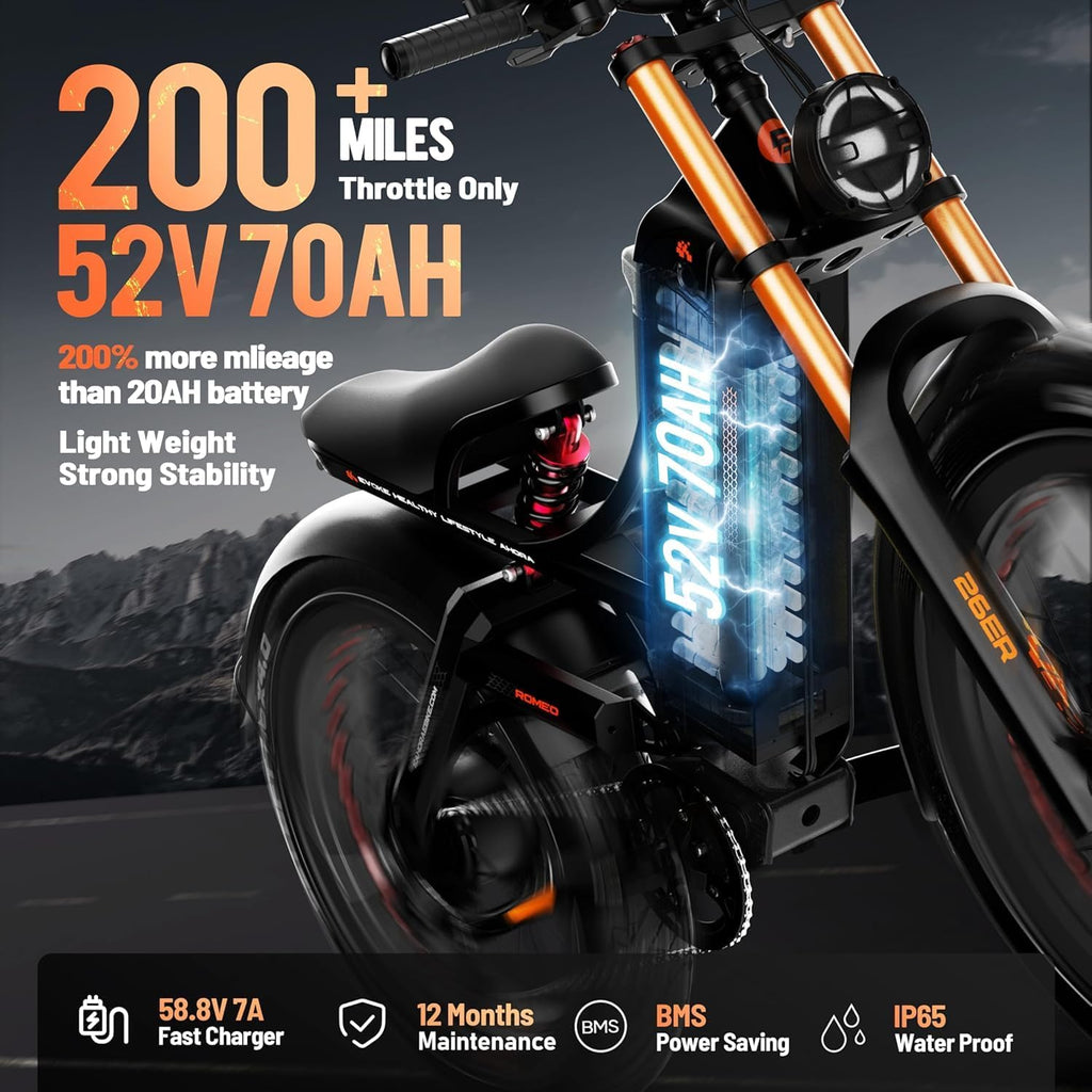 eAhora 2025 Romeo Pro 2 Electric Bike for Adults 4000W Dual Motor Electric Bicycle 46MPH 52V 70Ah 200+Miles Long Range 26 * 4.0 Fat Tire Full Suspension Electric Mountain Bike Gray