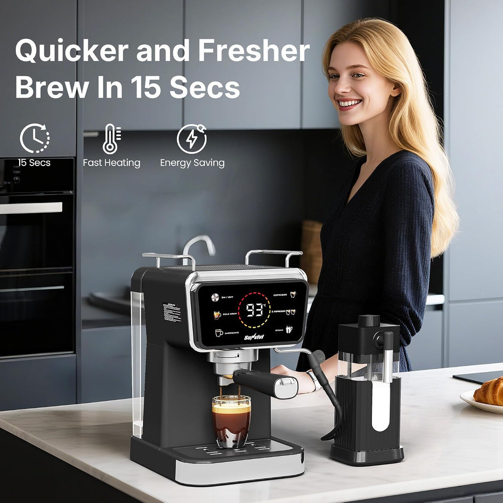 20 Bar Espresso and Americano Machine for Home and Office, Iced Coffee Maker with Touchscreen, Milk Frother, Single/Double Shot & Cold Brew, 52OZ Removable Water Tank, Quick Heating System