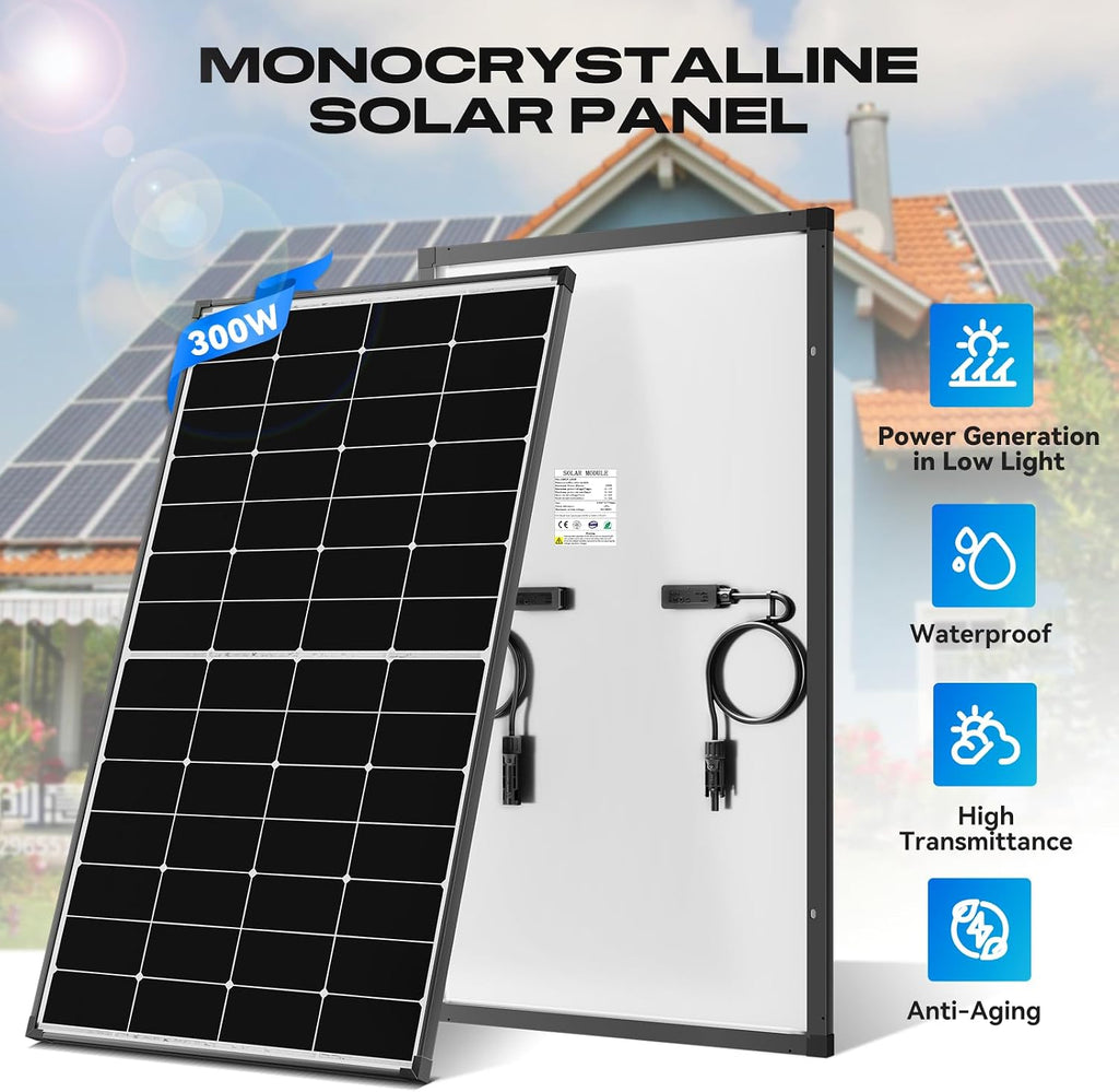 300 Watt Solar Panel 10BB N-Type 300w Solar Panels 25% High Efficiency Monocrystalline Busbar-Less Half-Cut Technology for RV Home Rooftop Power Station Off Grid Systems (300w*4)