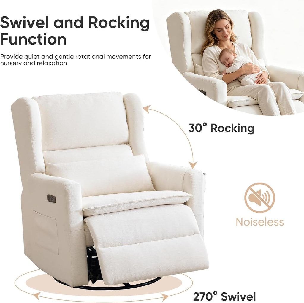 Power Recliner Chair Swivel Glider, Oversized Swivel Rocker Recliner with Adjustable Headrest,Comfy Chenille Glider Rocking Nursery Chair with Overstuffed Lumbar Support, USB Ports, White