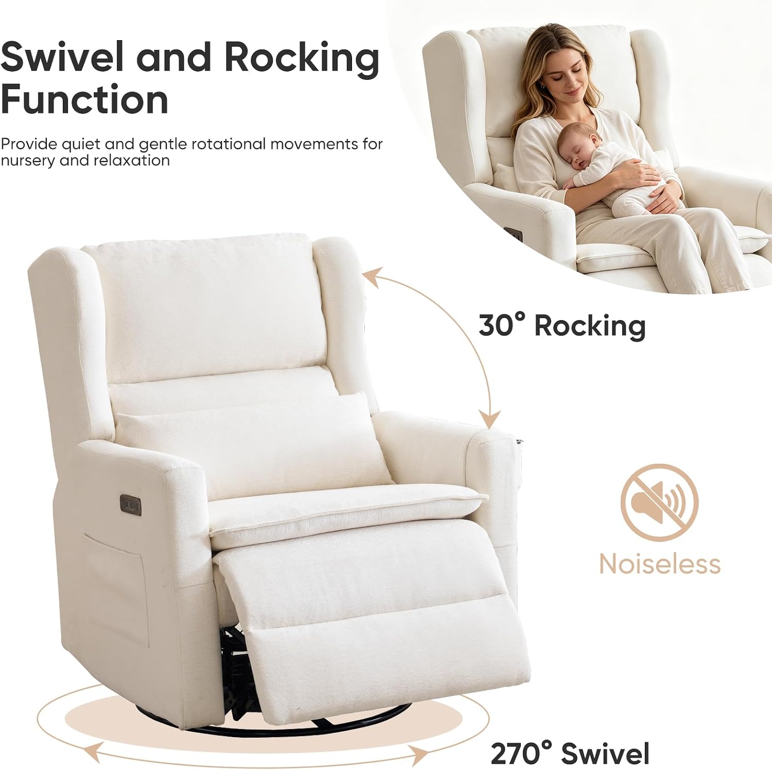 Power Recliner Chair Swivel Glider, Oversized Swivel Rocker Recliner with Adjustable Headrest,Comfy Chenille Glider Rocking Nursery Chair with Overstuffed Lumbar Support, USB Ports, White