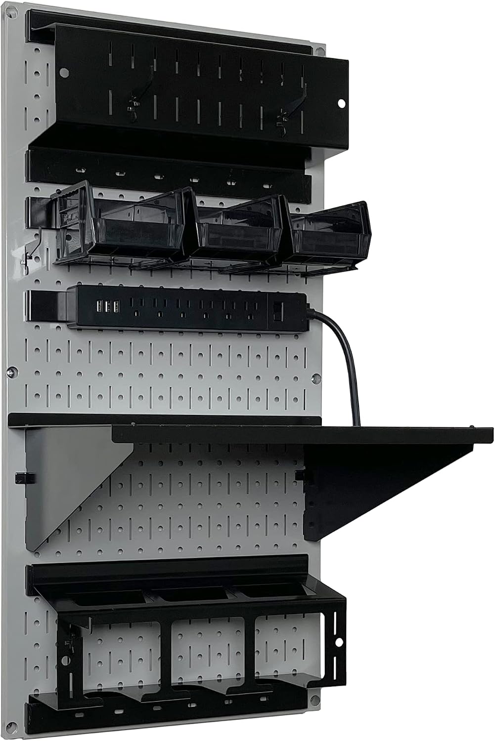 Wall Control Power Tool Storage Organizer Kit Cordless Drill Holder Charging Station Rack 16' x 32' Metal Pegboard Organization System (Grey Pegboard)