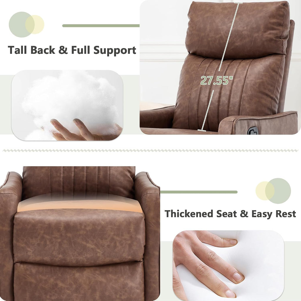cinkehome Swivel Rocker Recliner, Glider Rocker Recliner Chair for Nursery, Manual Reclining Chair with Heated Massage, Small Spaces, Living Room, Faux Leather Light Brown