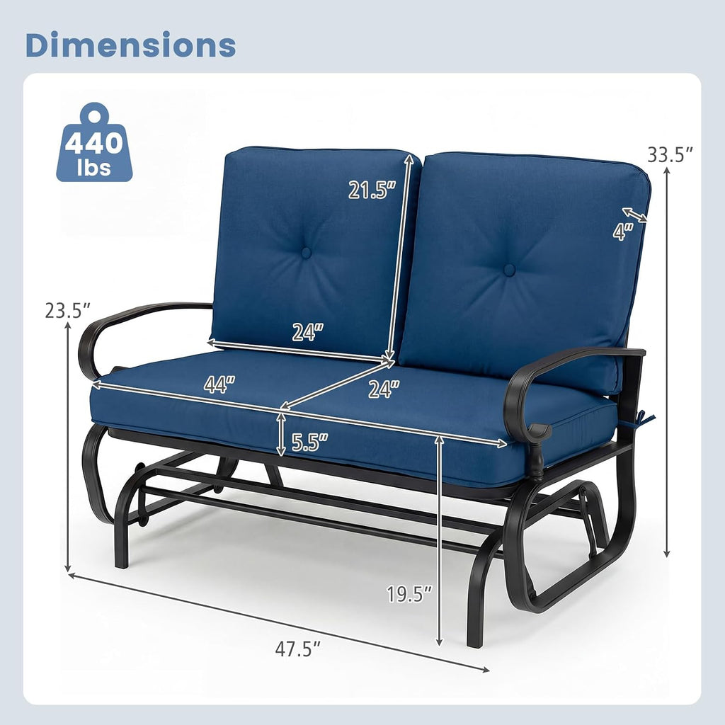 Tangkula Outdoor Swing Glider Chair, Patio Glider Bench for 2 Persons, Outdoor Rocking Loveseat with Steel Frame & Comfortable Cushions for Garden, Porch, Balcony, Poolside (Navy Blue)